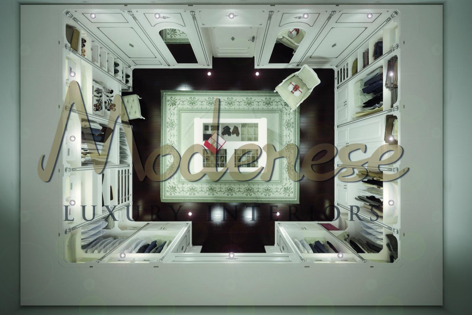 turnkey projects bespoke handmade in Italy solid wood furniture classic design luxury walk-in closets boiserie bright tones carvings gold silver leaf dream interiors villa residential palace