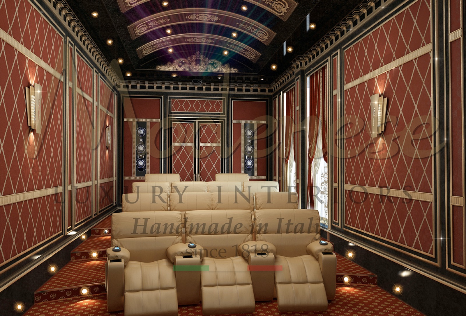cinema room luxury home decoration customized upholstery sofas armchairs entertainment custom made furnishing made in Italy furniture classic baroque interior design style