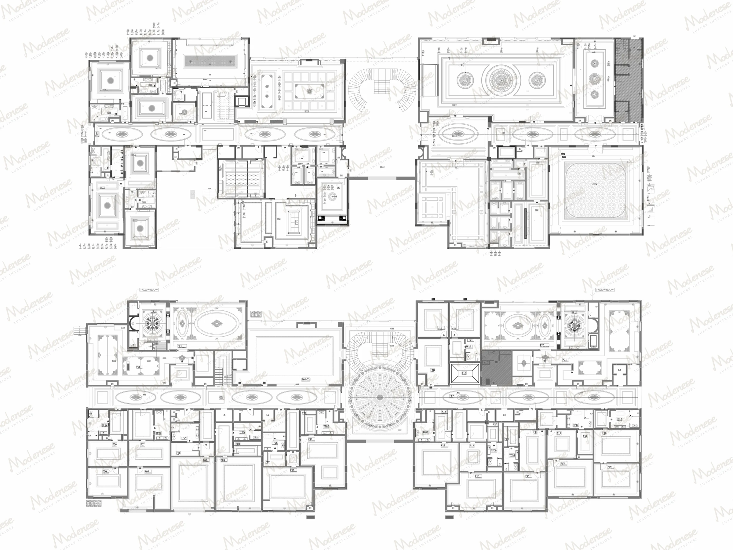 2D architectural floor plans of a Nigerian government palace showing detailed room layouts, circulation paths, and decorative ceiling elements