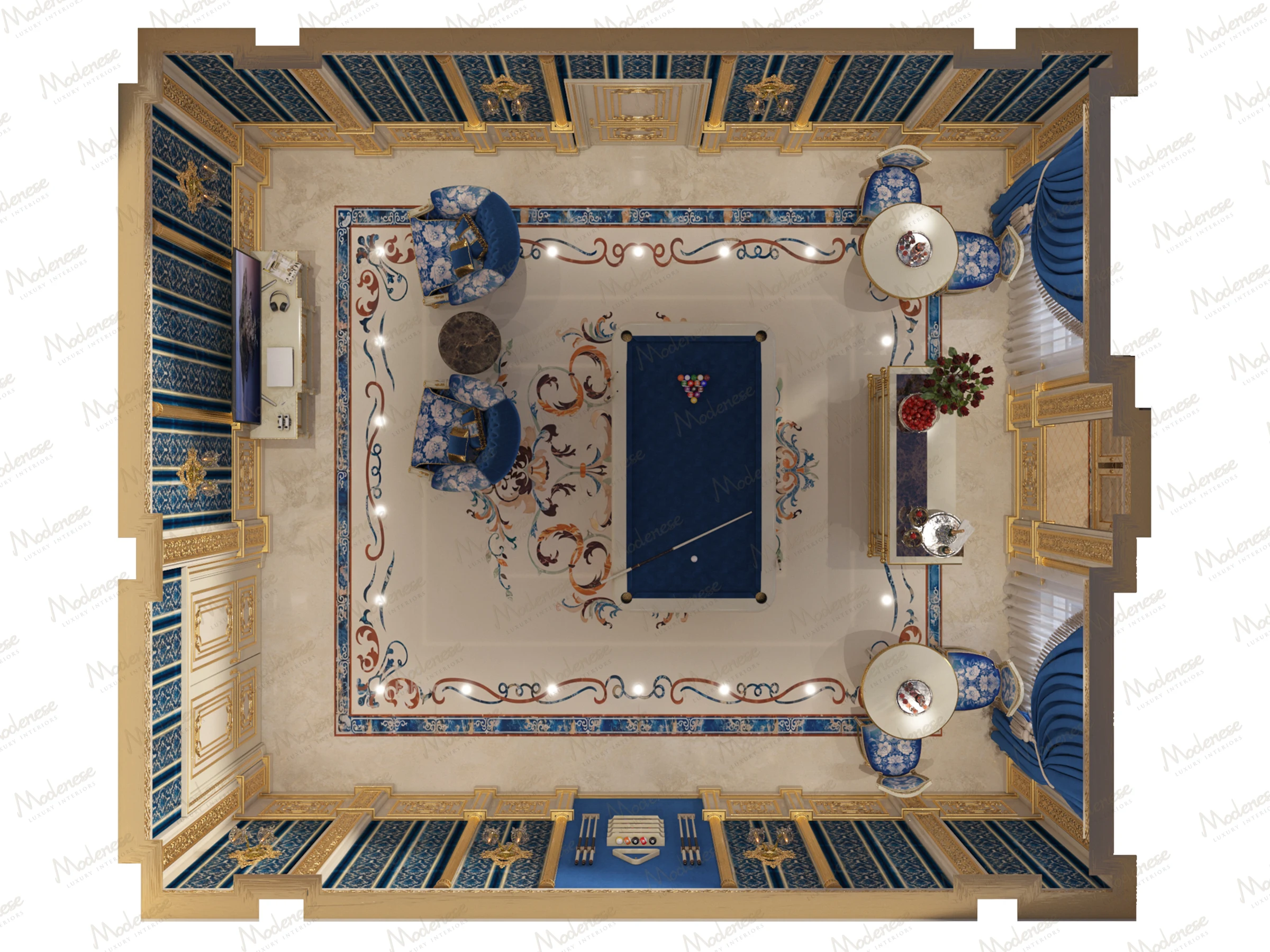 3D render of a luxurious game room in Virginia with royal blue and gold paneling, a central pool table, and symmetrical classical furnishings