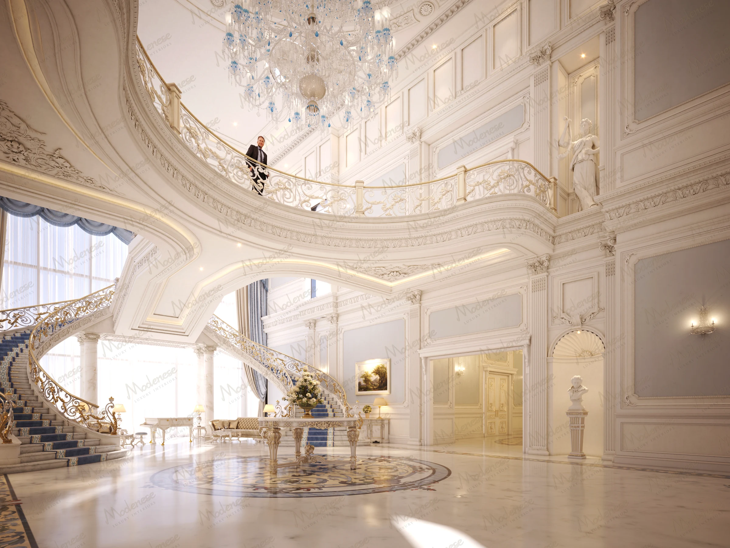 3D render of a palatial neoclassical foyer in Virginia with a sweeping double staircase, intricate gold balustrades, and a crystal chandelier