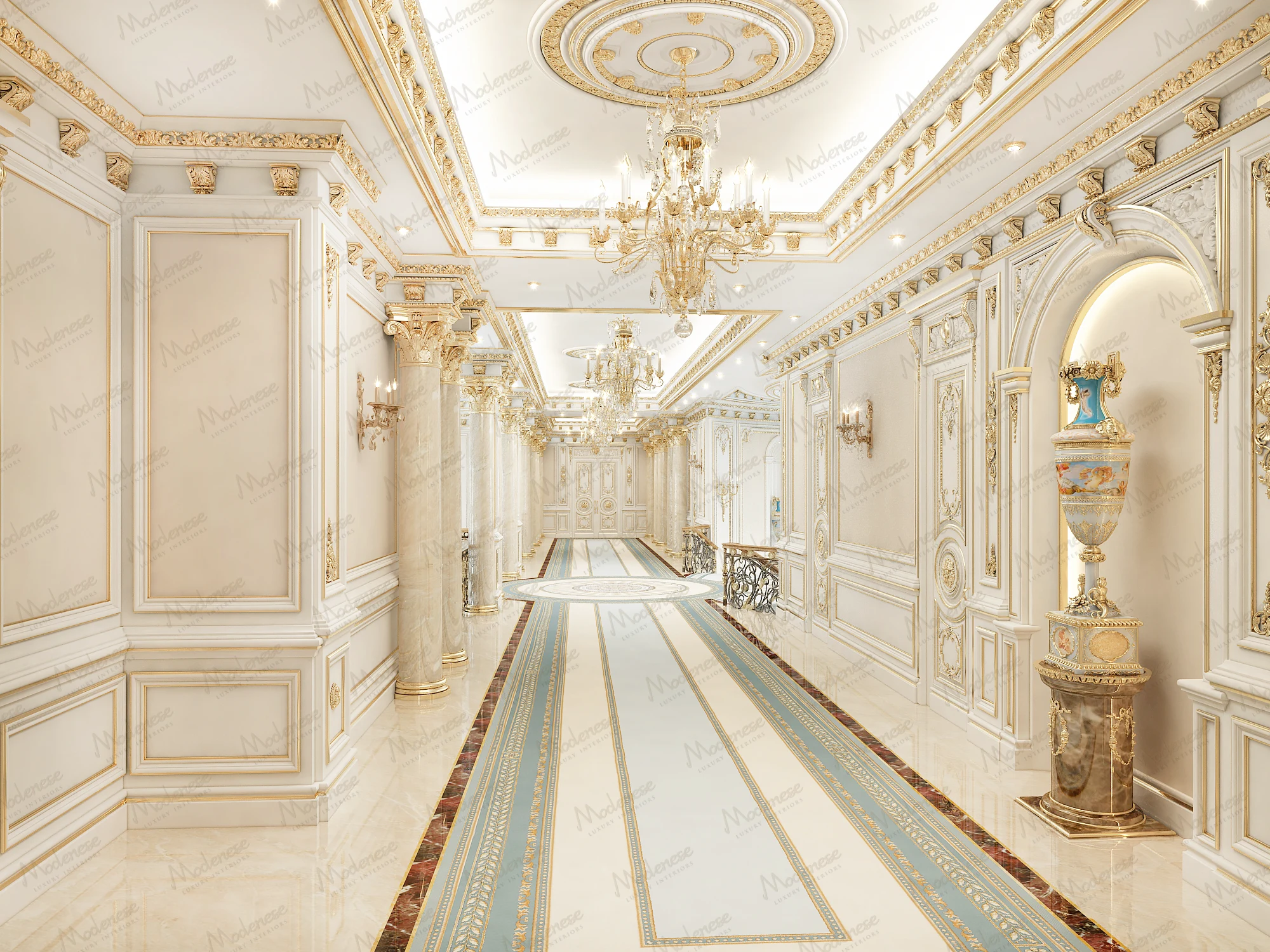 3D render of a neoclassical hallway designed for a Baghdad project, featuring Corinthian columns, gold trim, and turquoise-accented flooring
