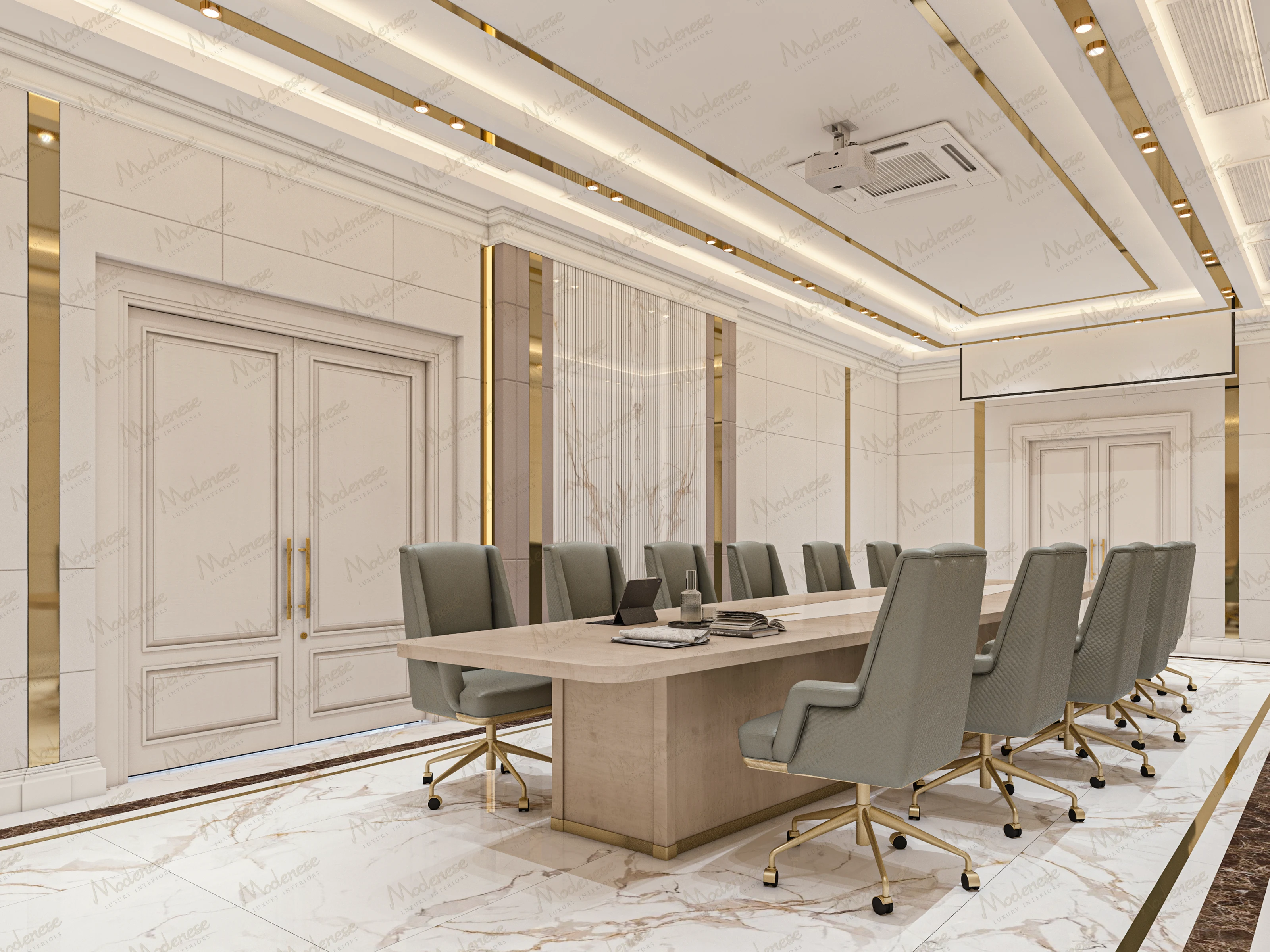 Contemporary meeting room in Rabat with a large central conference table, sage green executive chairs, white marble flooring, and gold-accented wall paneling and ceiling details