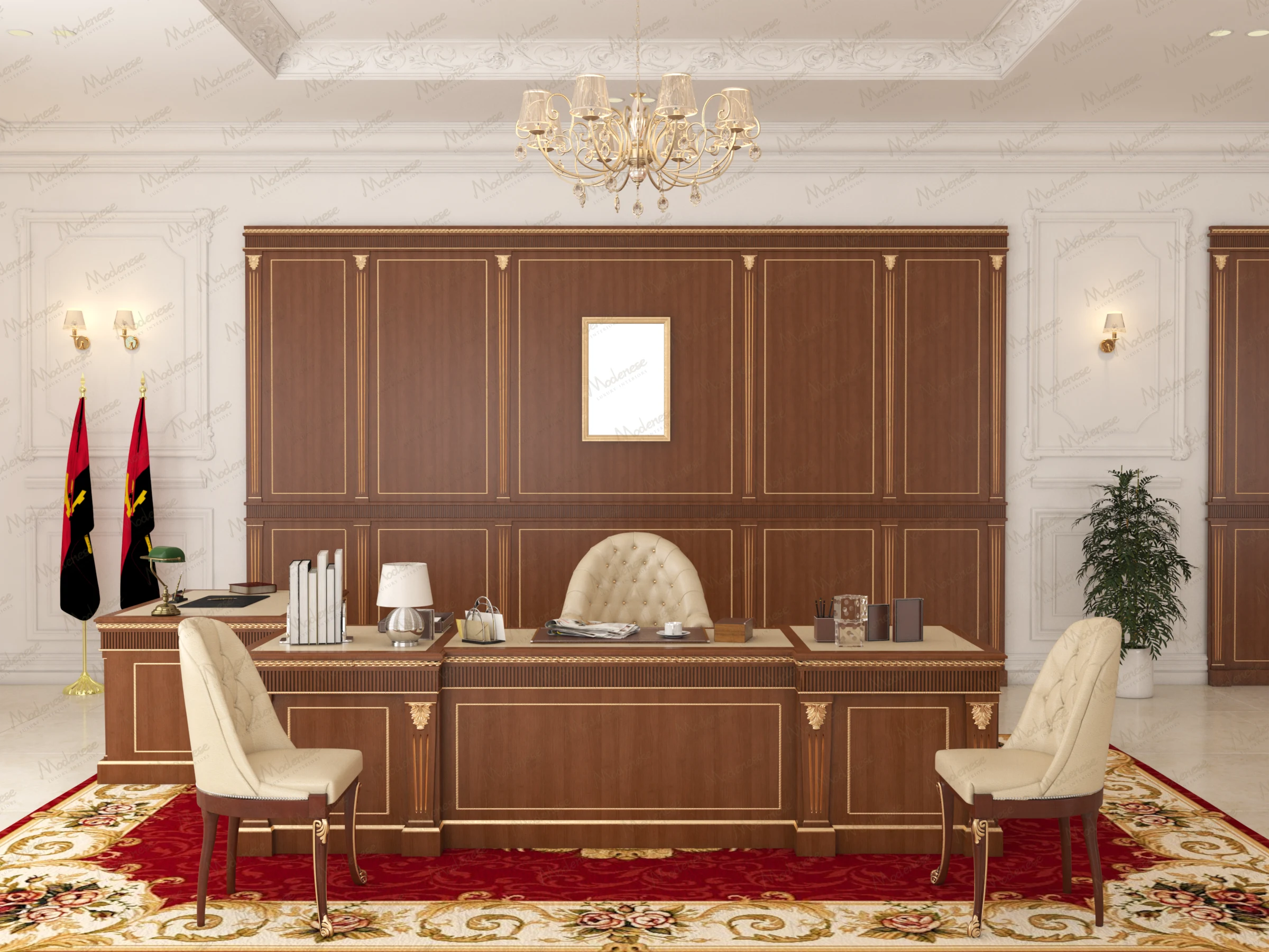Regal executive office in Rabat featuring a grand wooden desk with gold accents, cream tufted chairs, twin Angolan flags, and a red floral carpet beneath an elegant chandelier