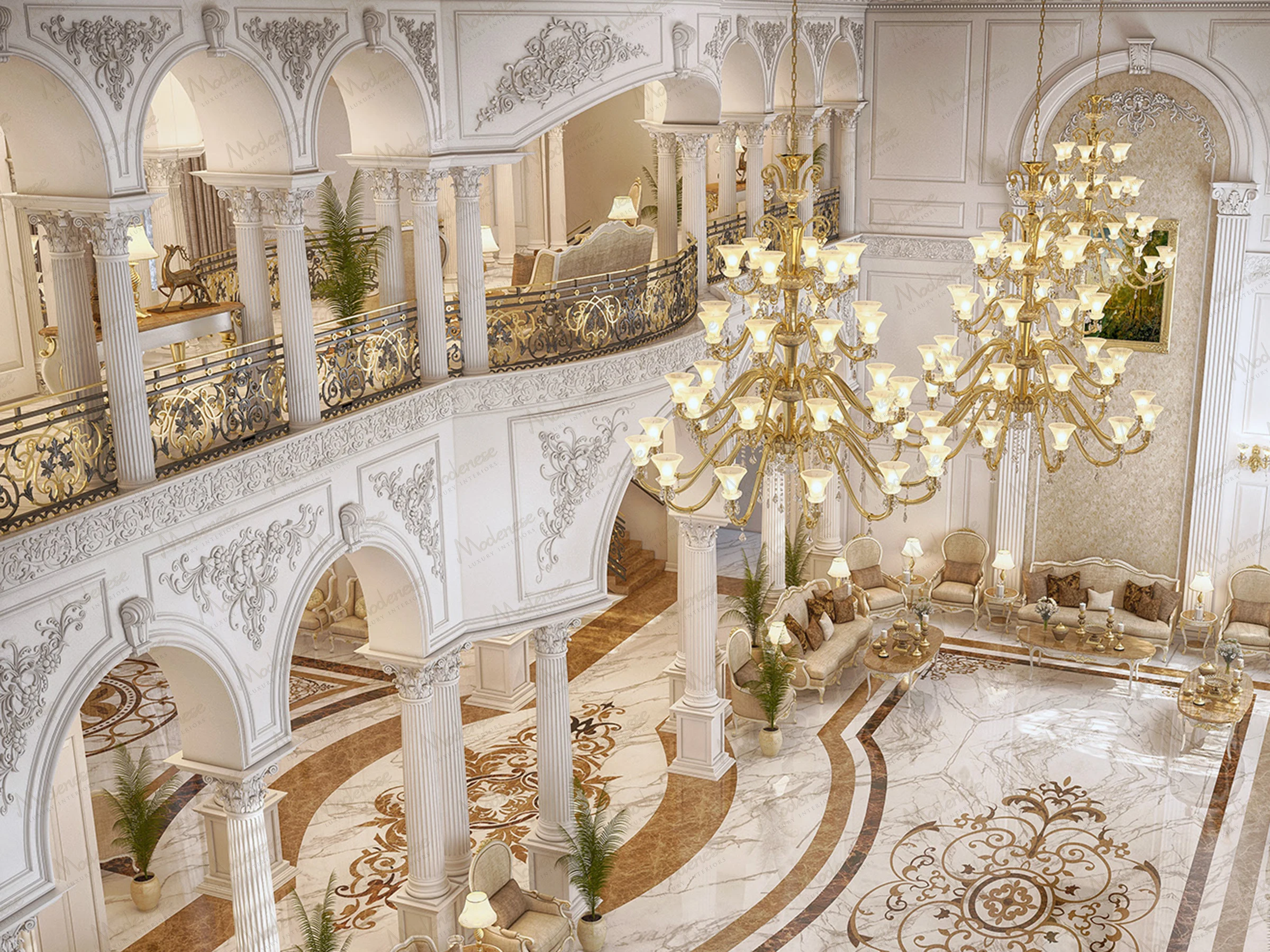Grand atrium in a Doha villa with double-height ceilings, arched balconies, gold chandeliers, and a marble floor with intricate inlay patterns
