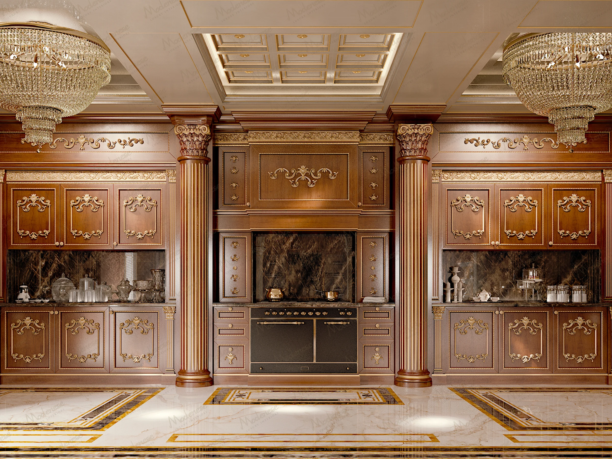 Luxurious classical kitchen in Baghdad with dark wood cabinetry, ornate gold detailing, marble countertops, Corinthian columns, and crystal chandeliers