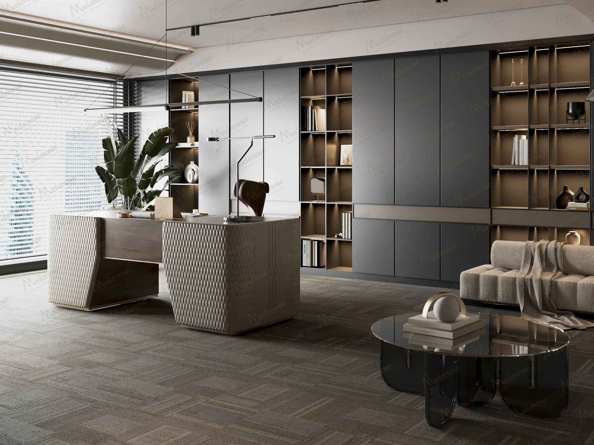 Contemporary executive office in New York with geometric desk design, large indoor plant, open shelving units, and a sleek lounge area with sculptural decor