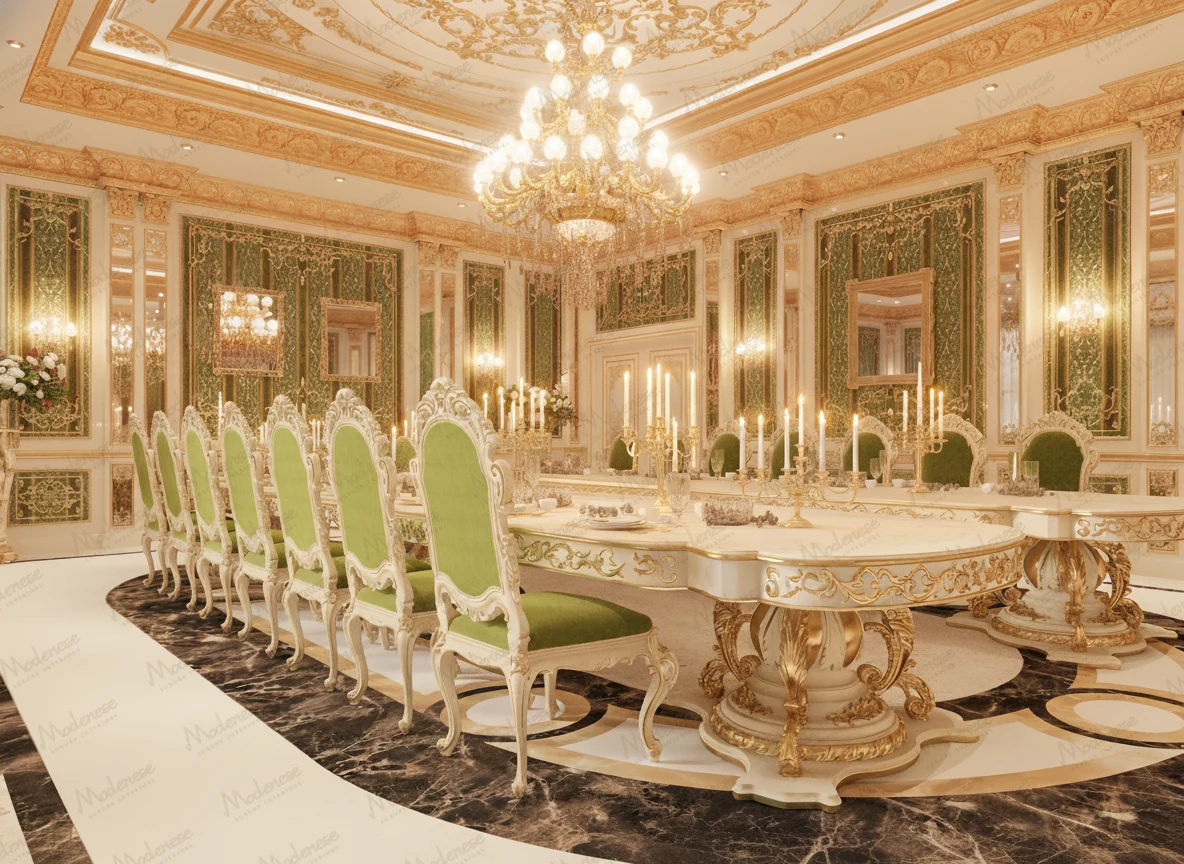 Royal dining hall in His Highness' palace in Saudi Arabia featuring an opulent gold-trimmed table with green upholstered chairs, elaborate wall moldings in emerald and gold, ornate chandeliers, and candlelit centerpieces on a polished marble floor.