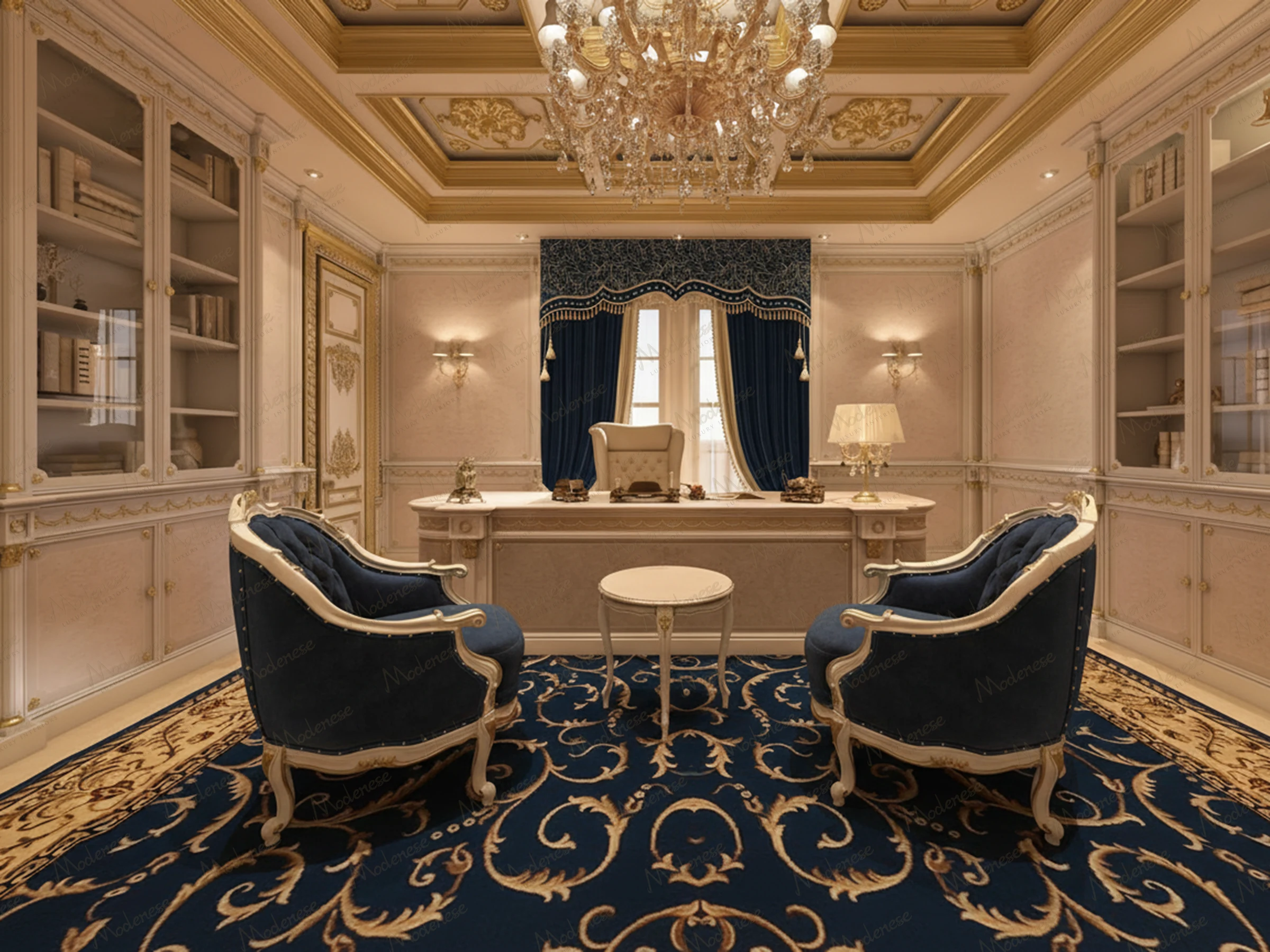 Royal office interior in His Highness' palace in Saudi Arabia showcasing a grand chandelier, navy and gold drapery, regal navy velvet armchairs, and intricately carved cabinetry and ceiling details in an opulent classical style