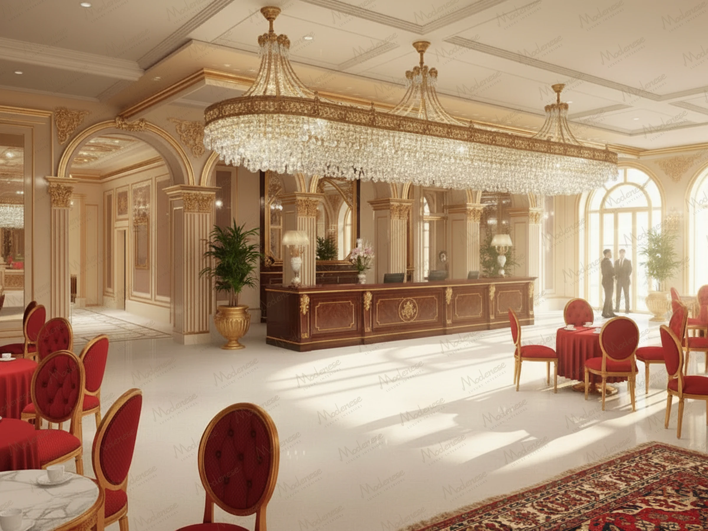 Luxurious hotel lobby in Amman with red velvet seating, gold-trimmed arches, a long wooden reception desk, and an expansive crystal chandelier
