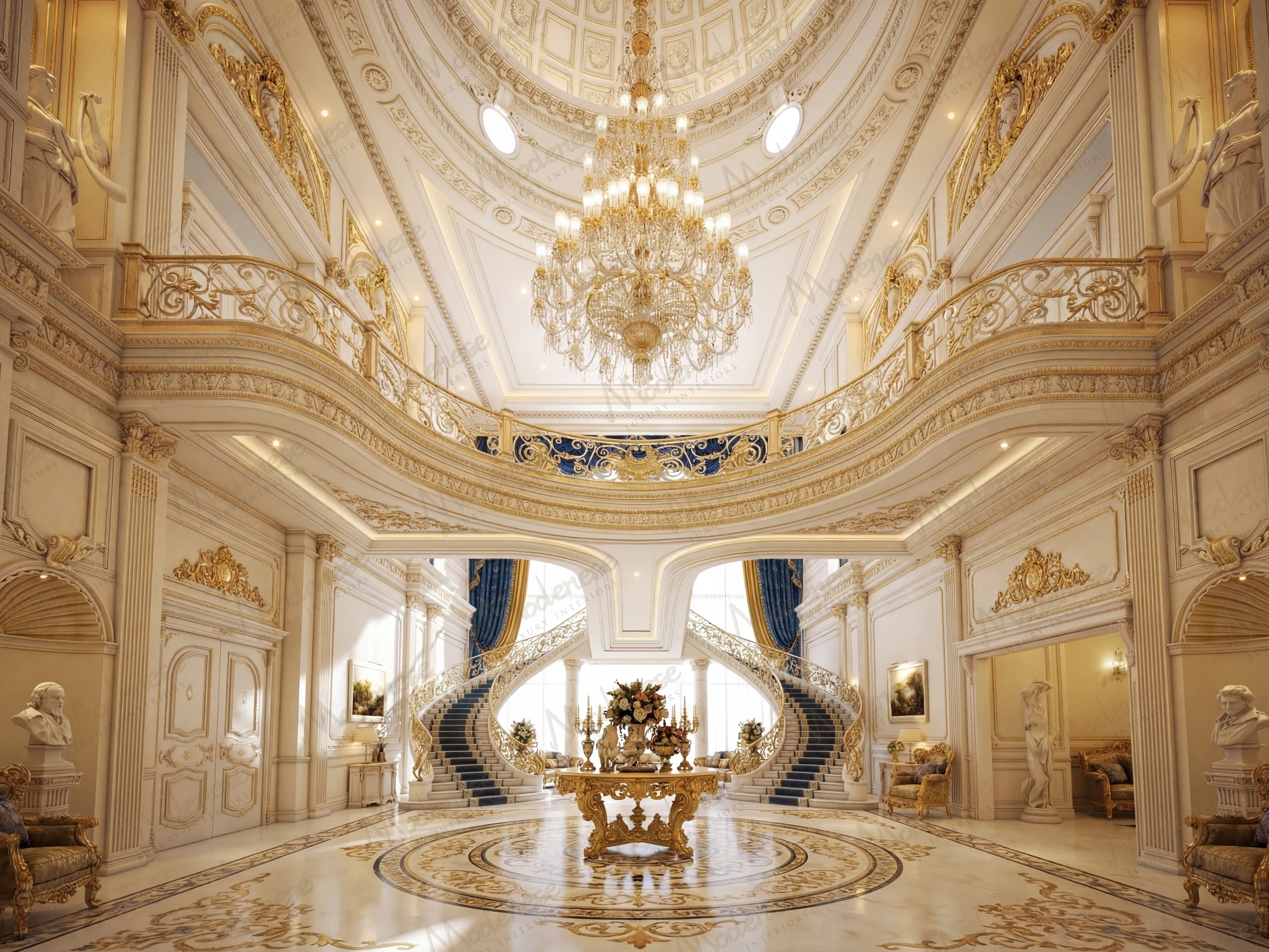Grand entrance hall in a luxury Middle Eastern villa featuring a sweeping double staircase, ornate gold detailing, and a large crystal chandelier
