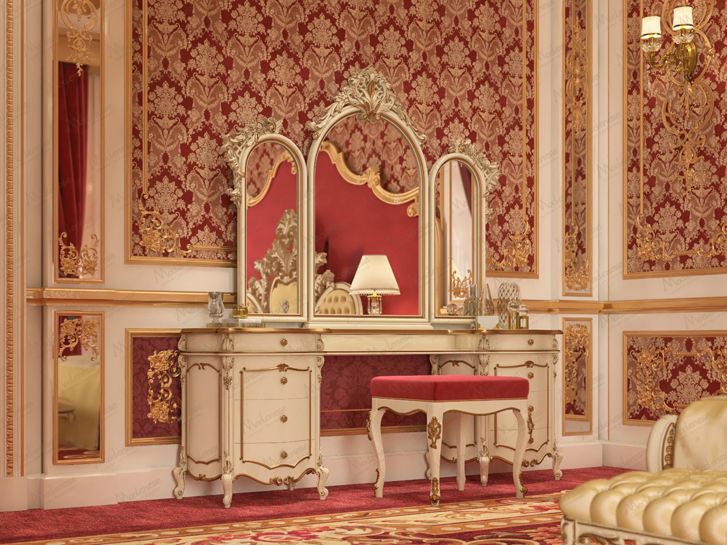 Luxurious vanity setup in Lagos with a triple-mirror dresser, red and gold damask wallpaper, ornate gold carvings, and a tufted red bench