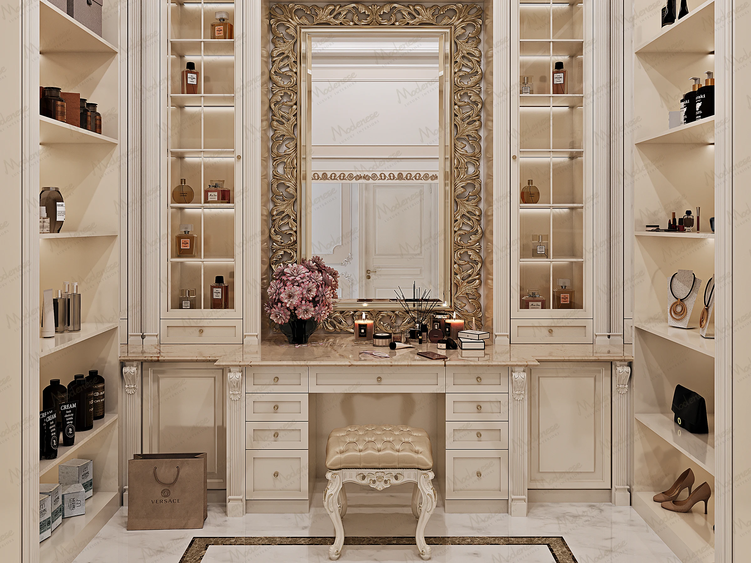 Elegant vanity area in Rome with ornate gold-framed mirror, marble countertop, tufted stool, and built-in shelves displaying perfumes and luxury accessories