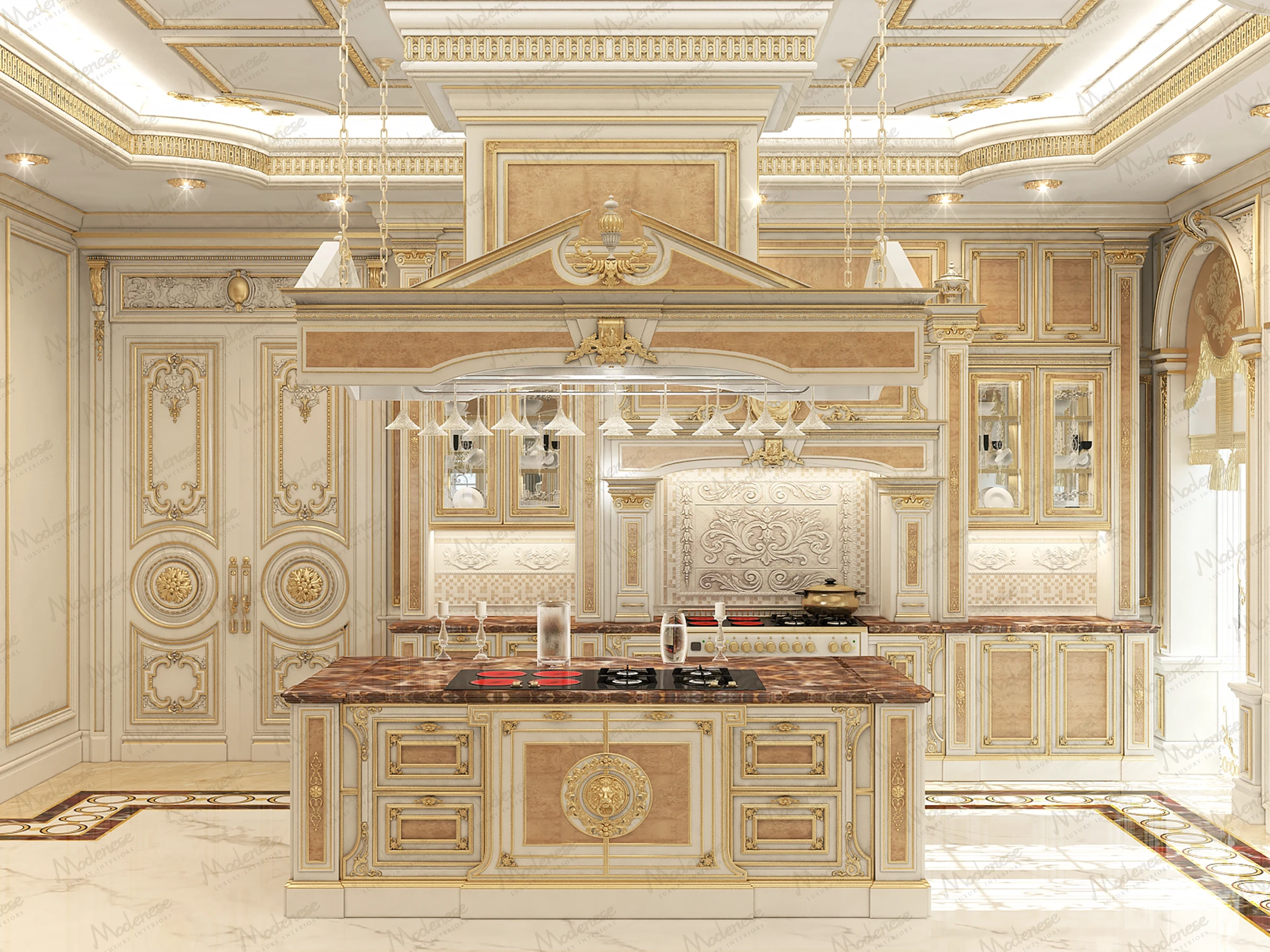3D render of a classical luxury kitchen in a villa in Iraq with ornate gold moldings, carved cabinetry, and a central marble island
