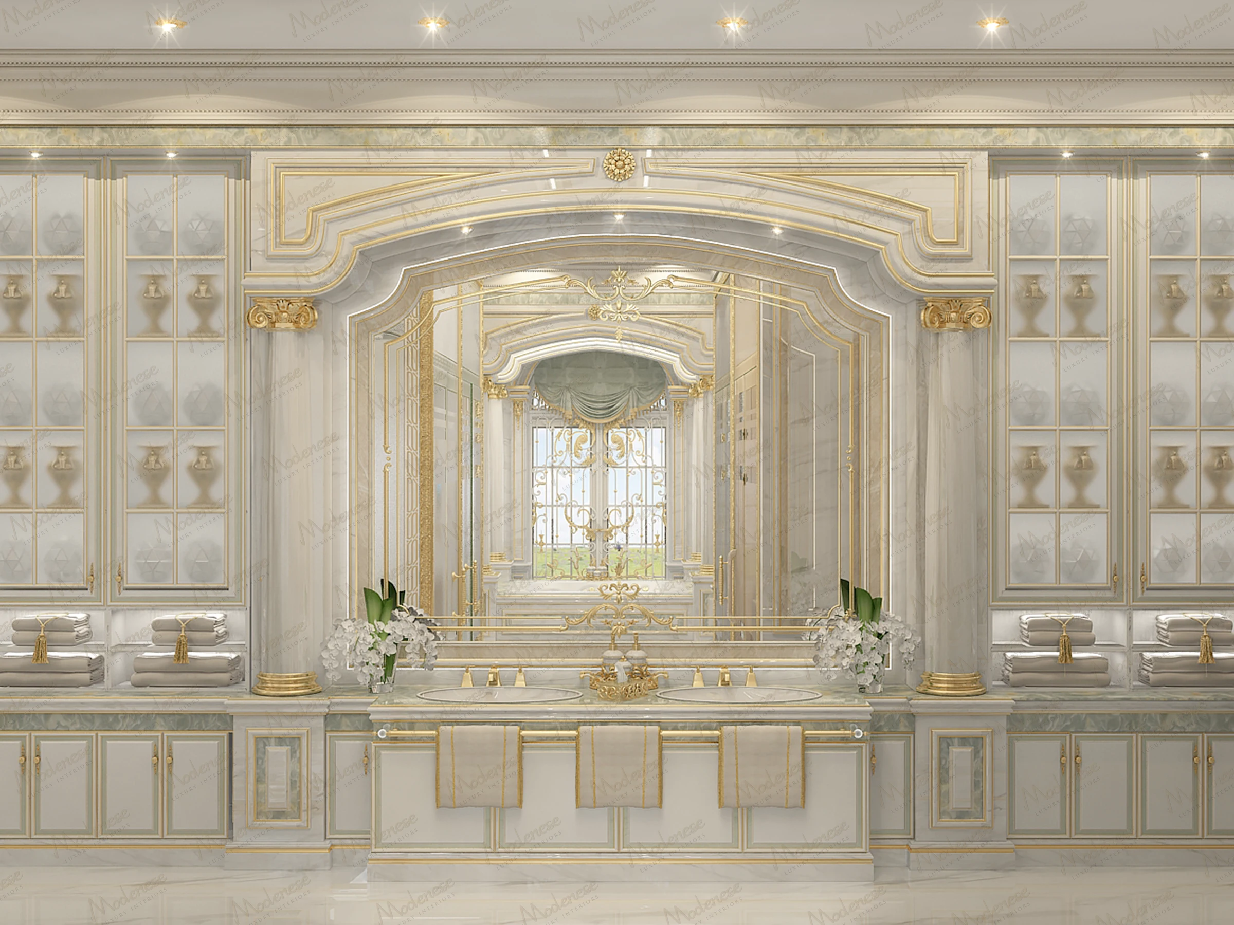 Lavish bathroom vanity in Moscow with ornate mirrors, gold-trimmed cabinetry, marble surfaces, and symmetrical floral arrangements