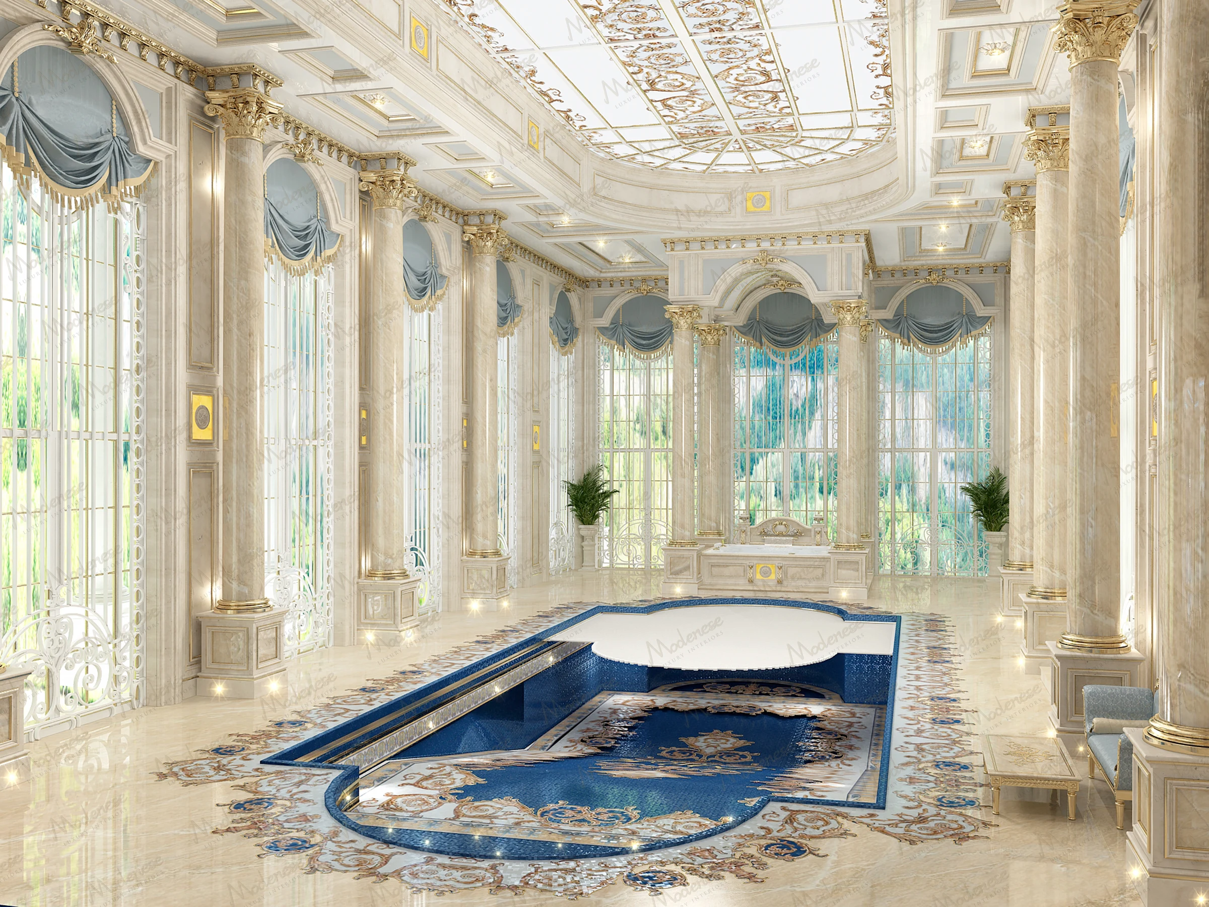 Palatial indoor pool room in Jeddah with grand Corinthian columns, arched windows, blue and gold drapery, and a richly detailed mosaic pool design