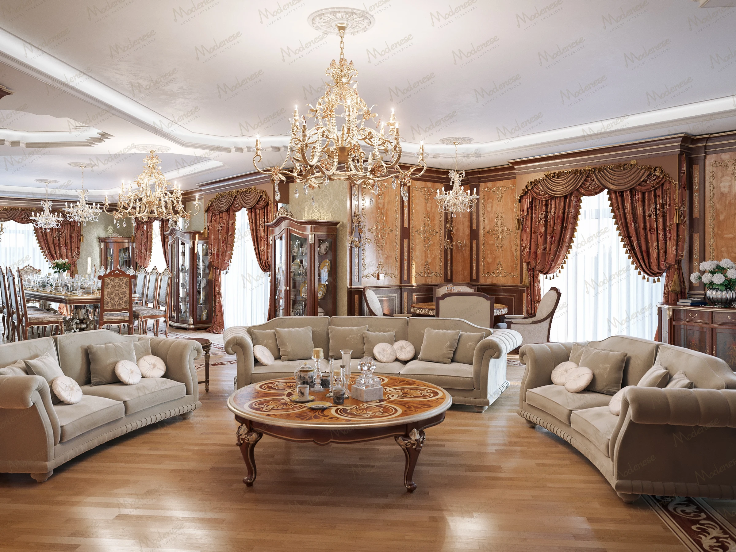 Ornate Riyadh living room with beige tufted sofas around an inlaid wood coffee table, gold chandeliers, polished wood flooring, and rust-colored drapes with gold embroidery