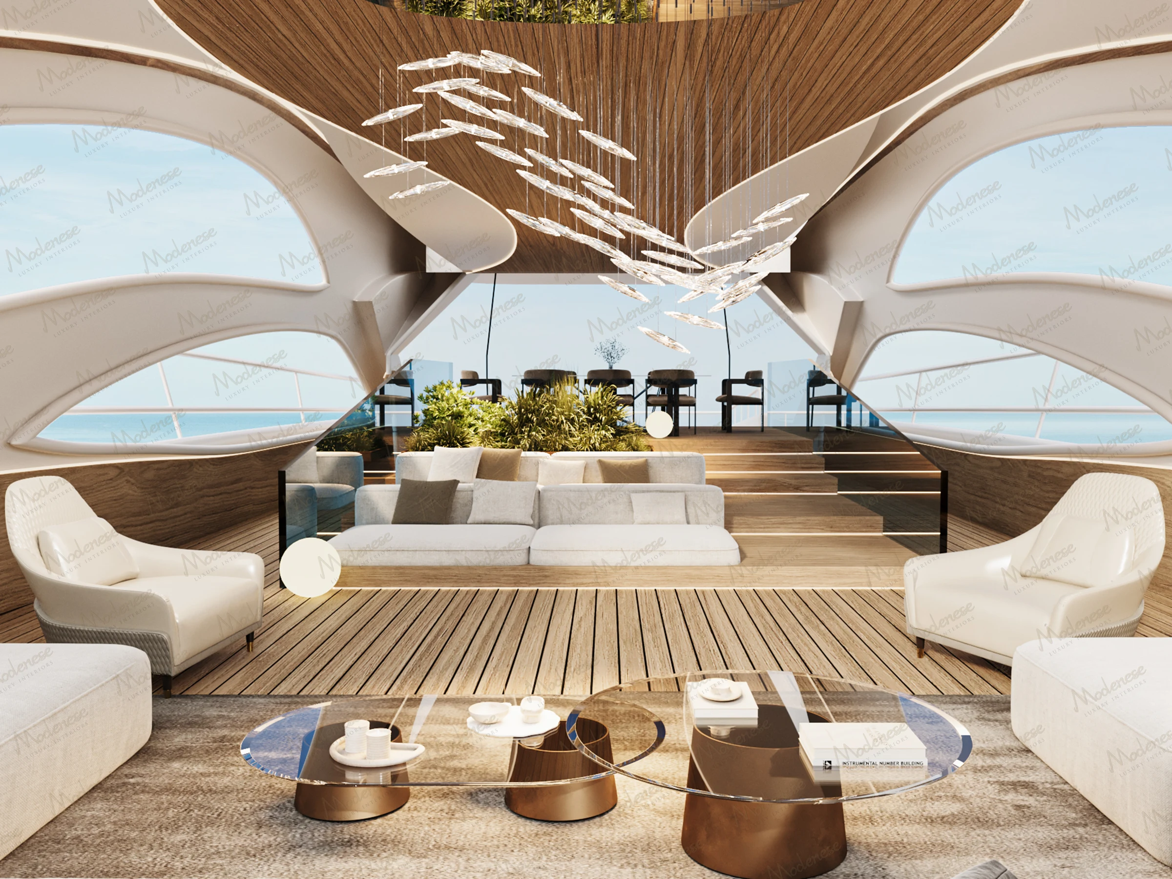 Futuristic luxury yacht interior with sculptural ceiling, panoramic ocean views, curved seating, and a modern glass coffee table on wood decking