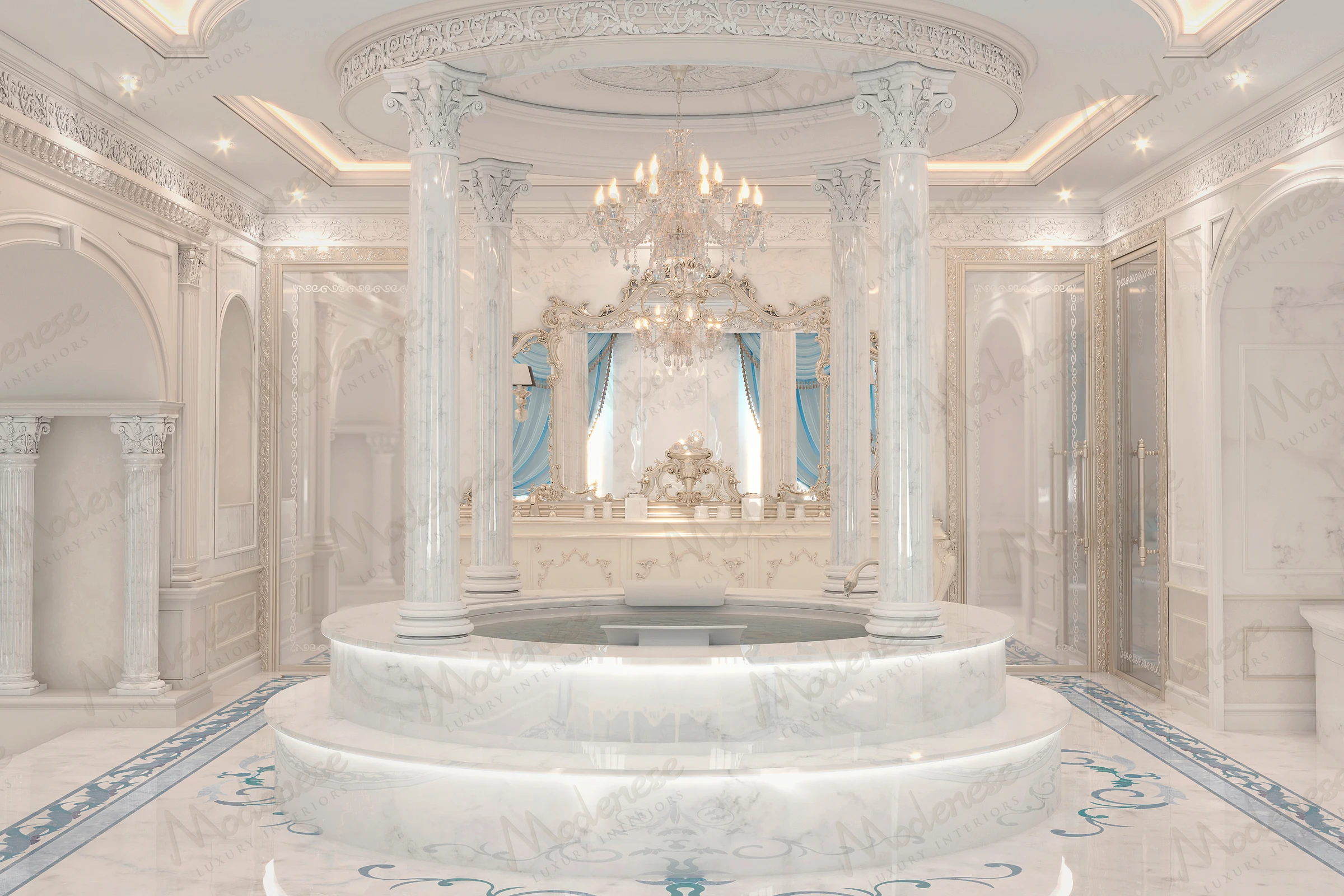 Elegant master suite in a Beirut villa featuring classical columns, a tufted bed, a marble platform tub, and gold-accented furnishings under a sculpted ceiling