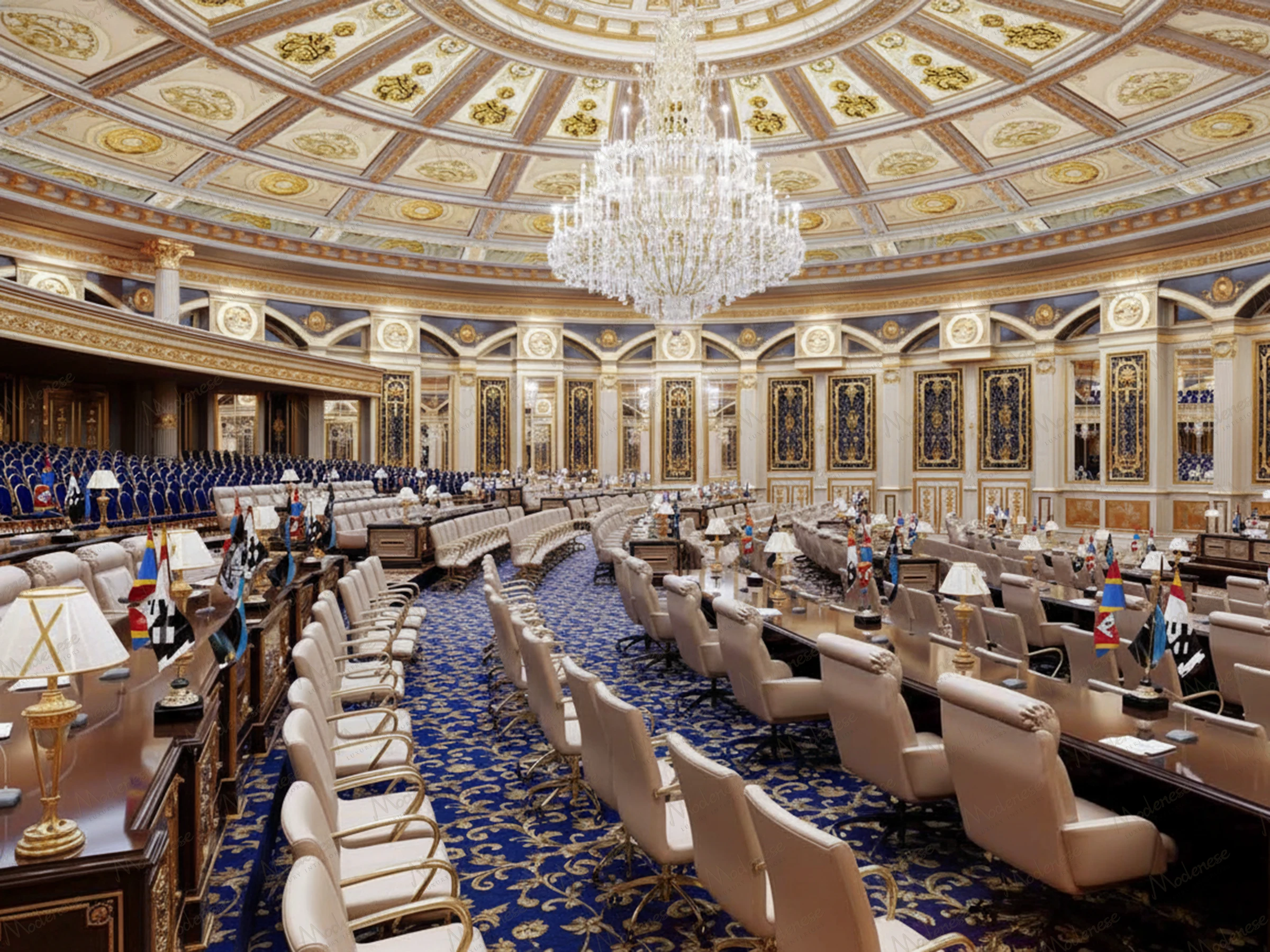Majestic national assembly hall featuring a grand domed ceiling with gold-accented panels, an opulent crystal chandelier, plush cream leather seating with microphones and international flags, and a royal blue carpet with intricate gold patterns