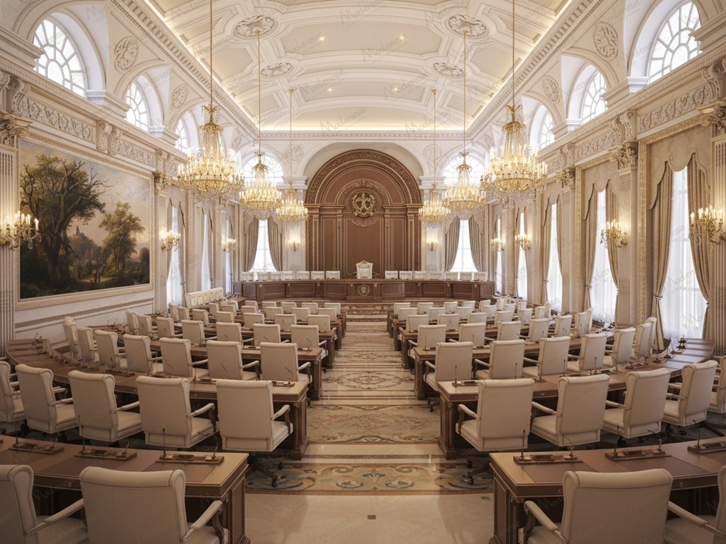 Grand interior of the Qatar Parliament featuring a high vaulted ceiling with ornate molding, opulent chandeliers, elegant arched windows, and neatly arranged cream leather chairs with wooden desks, all exuding classical refinement and state authority.