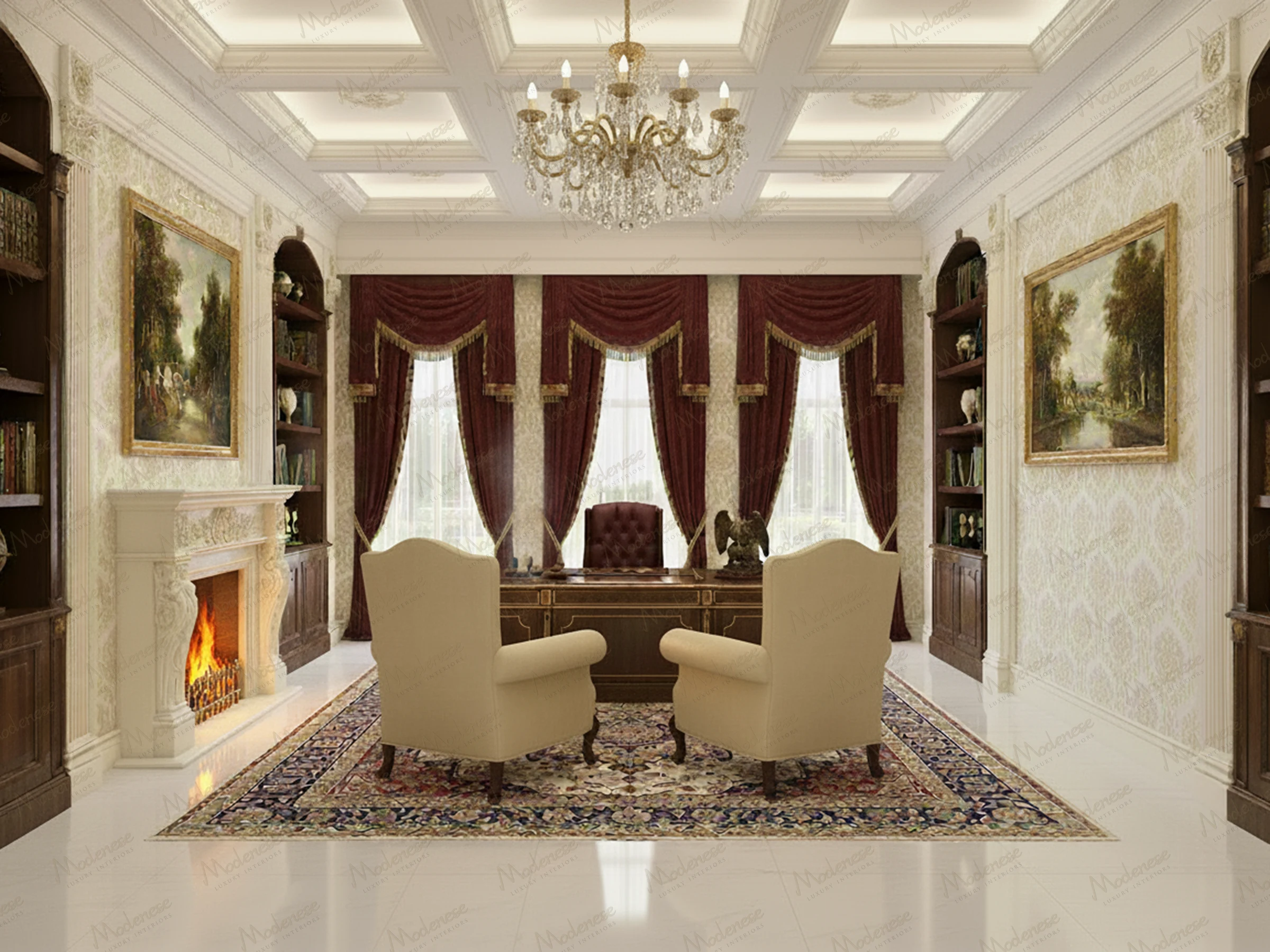 Presidential office interior featuring a classical fireplace, burgundy velvet drapes with gold trim, richly detailed bookshelves, a traditional wood desk, and cream upholstered armchairs on a patterned Persian rug beneath a coffered ceiling with chandelier