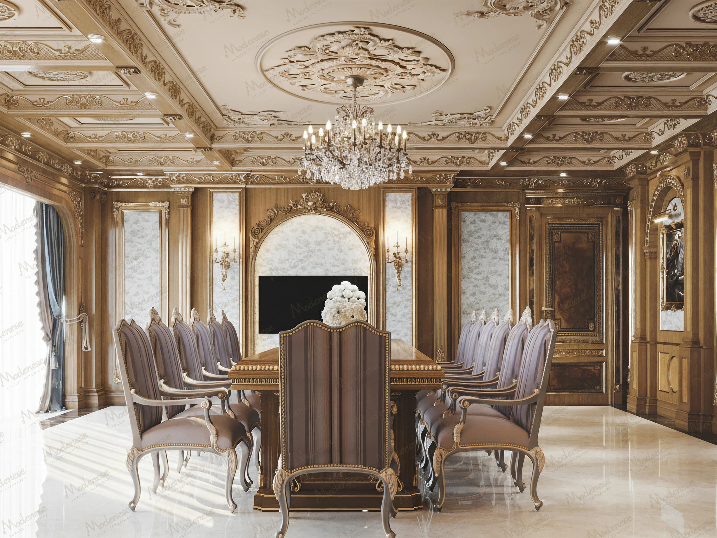 Opulent conference room in Abuja with a long wooden table, high-back chairs upholstered in lavender fabric, intricate gold-trimmed paneling, and a coffered ceiling with crystal chandelier
