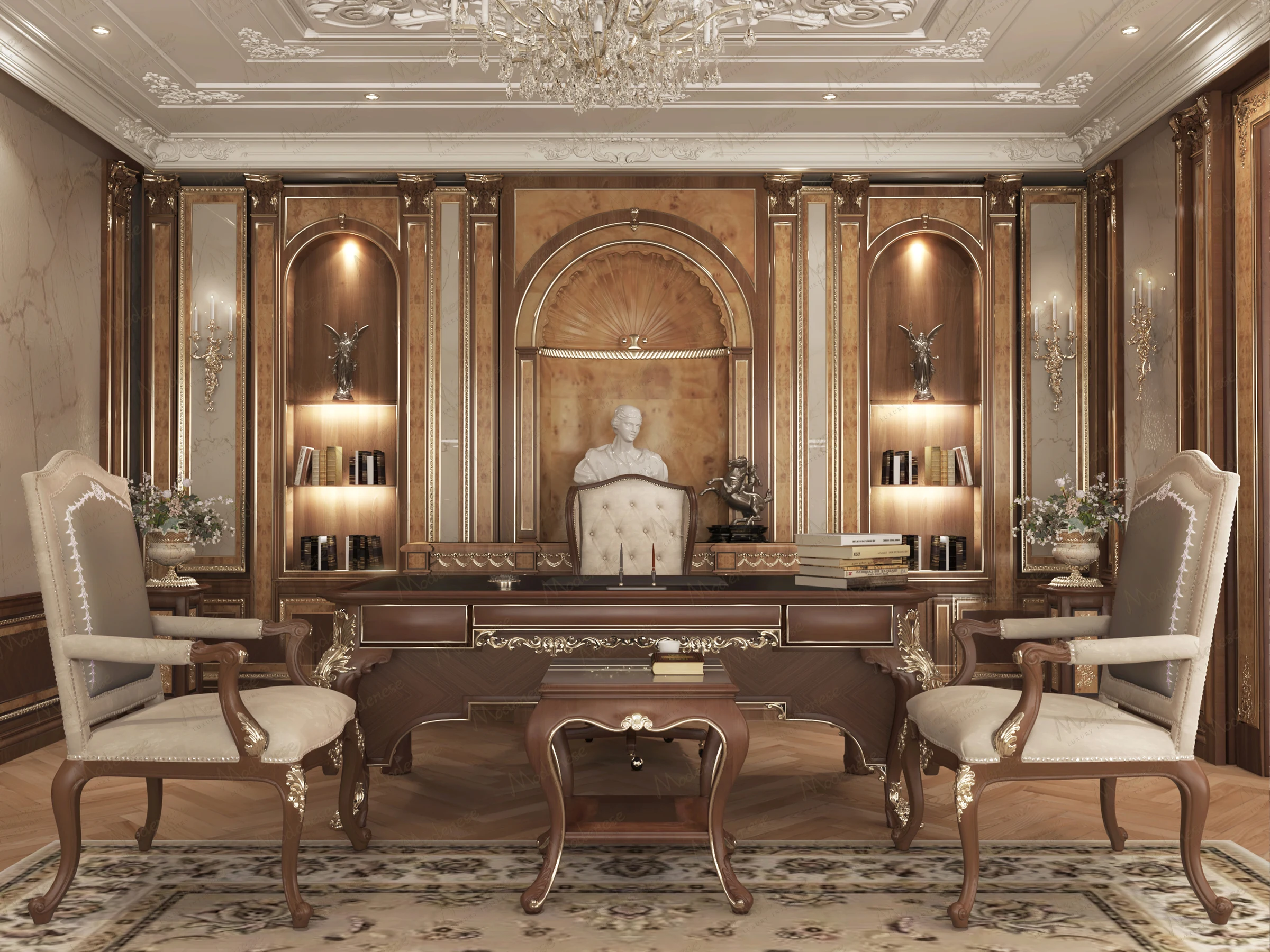 Luxurious executive office with classical decor, carved wooden furniture, a central statue, and built-in shelves illuminated by warm lighting