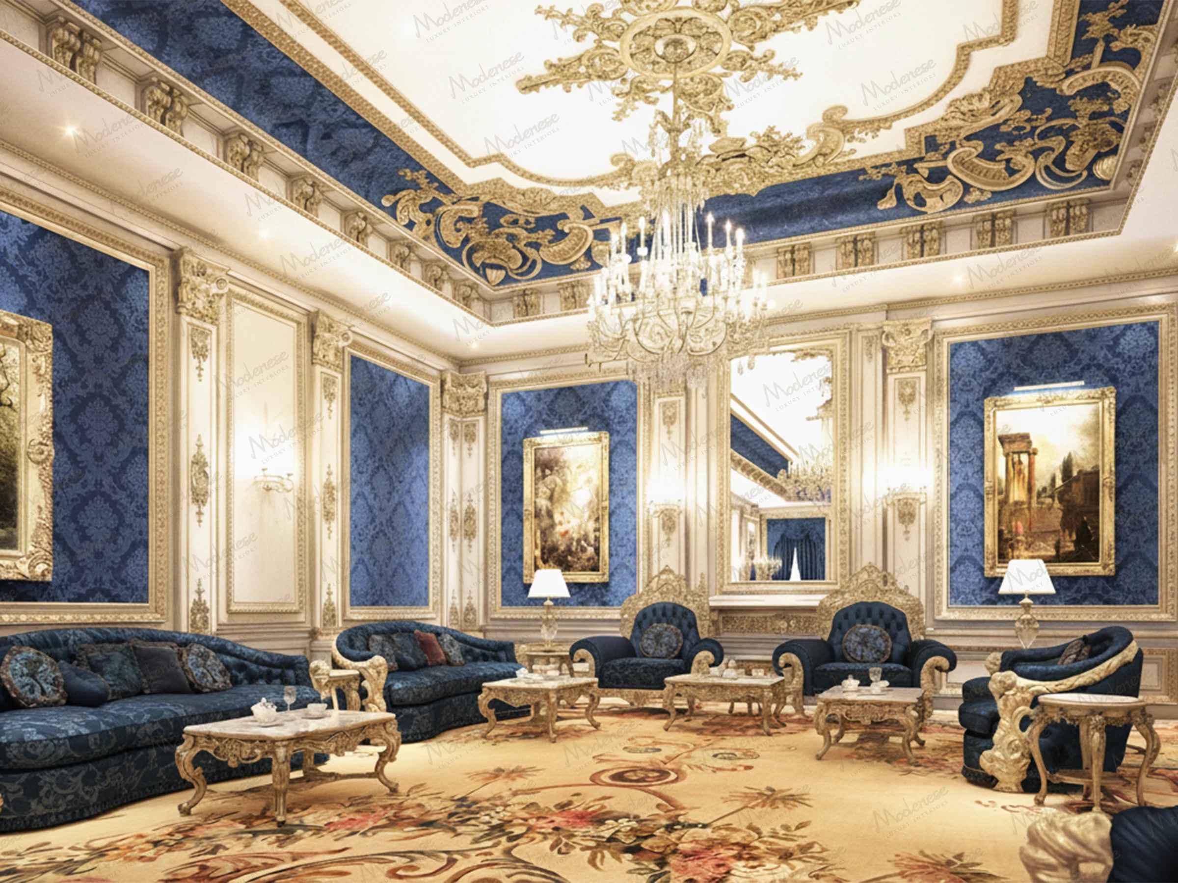 Regal living room in the Nigeria Presidential Palace adorned with royal blue damask wall panels, intricate gold molding, crystal chandeliers, and lavish carved seating arranged over a floral-patterned carpet