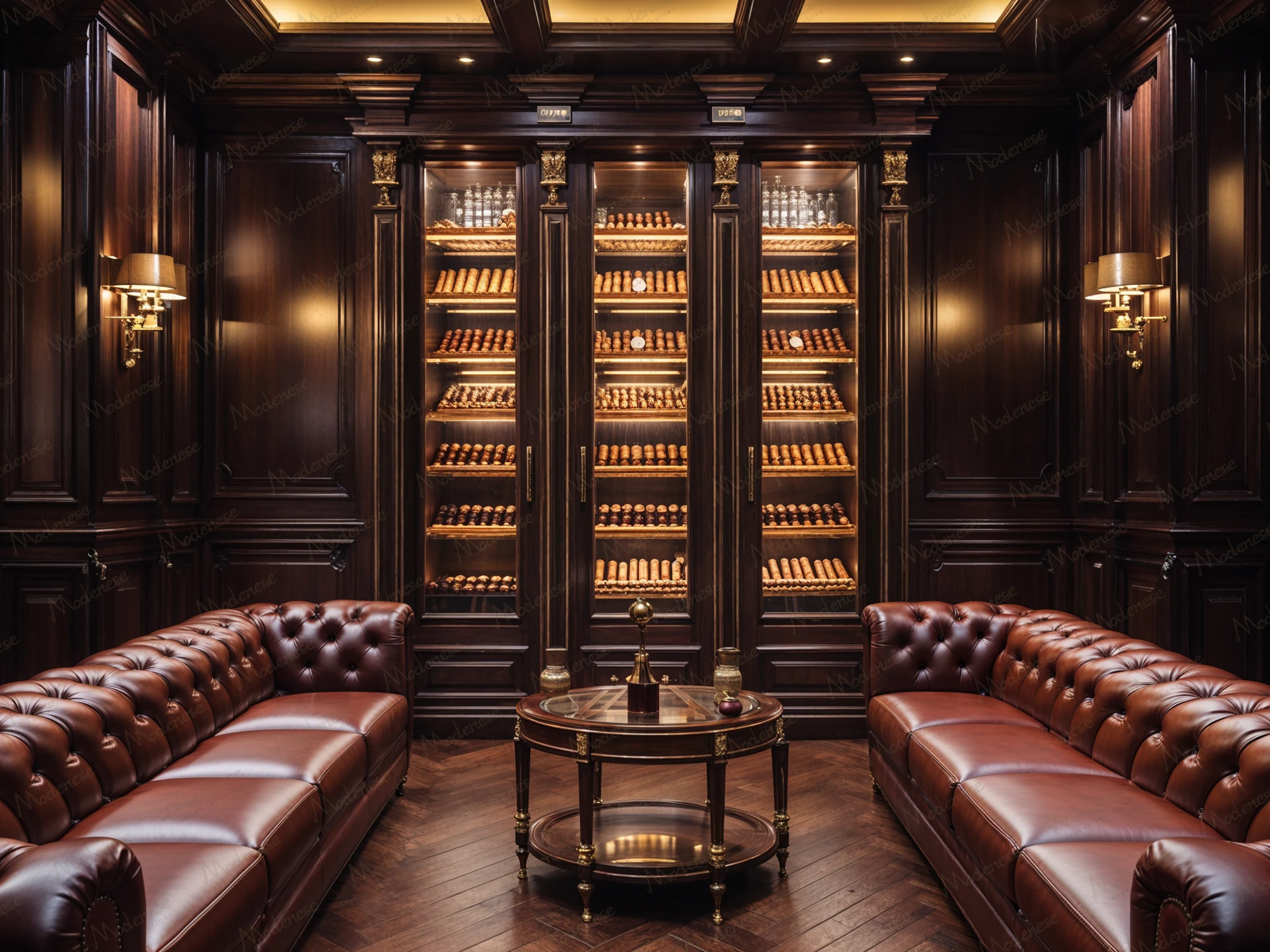Luxurious cigar lounge in Kazakhistan featuring dark wood paneling, tufted leather sofas, glass-fronted humidor cabinets, and ambient wall sconces for a refined atmosphere