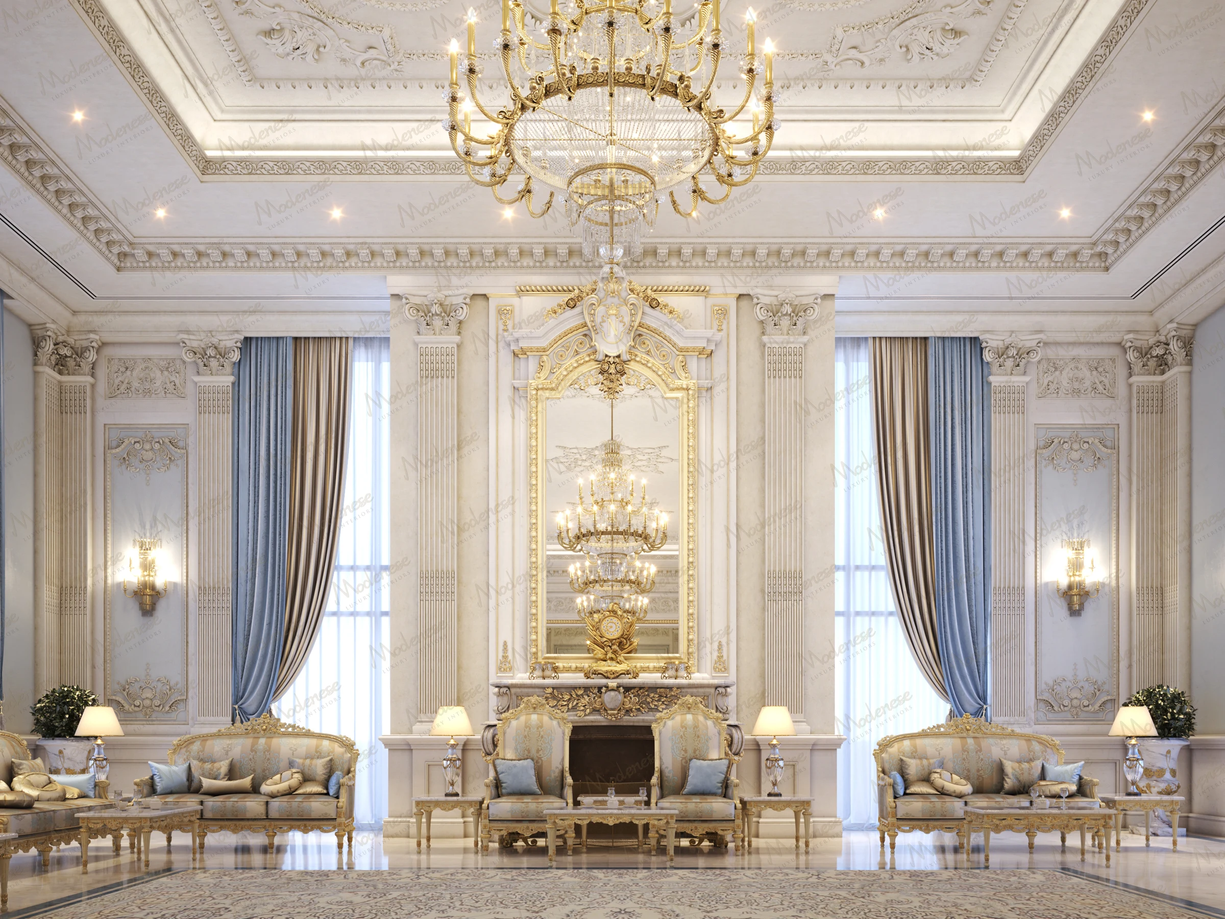 Luxurious living room in a Dubai villa featuring ornate gold-trimmed furniture, high ceilings with intricate molding, and grand chandeliers framed by tall blue drapes