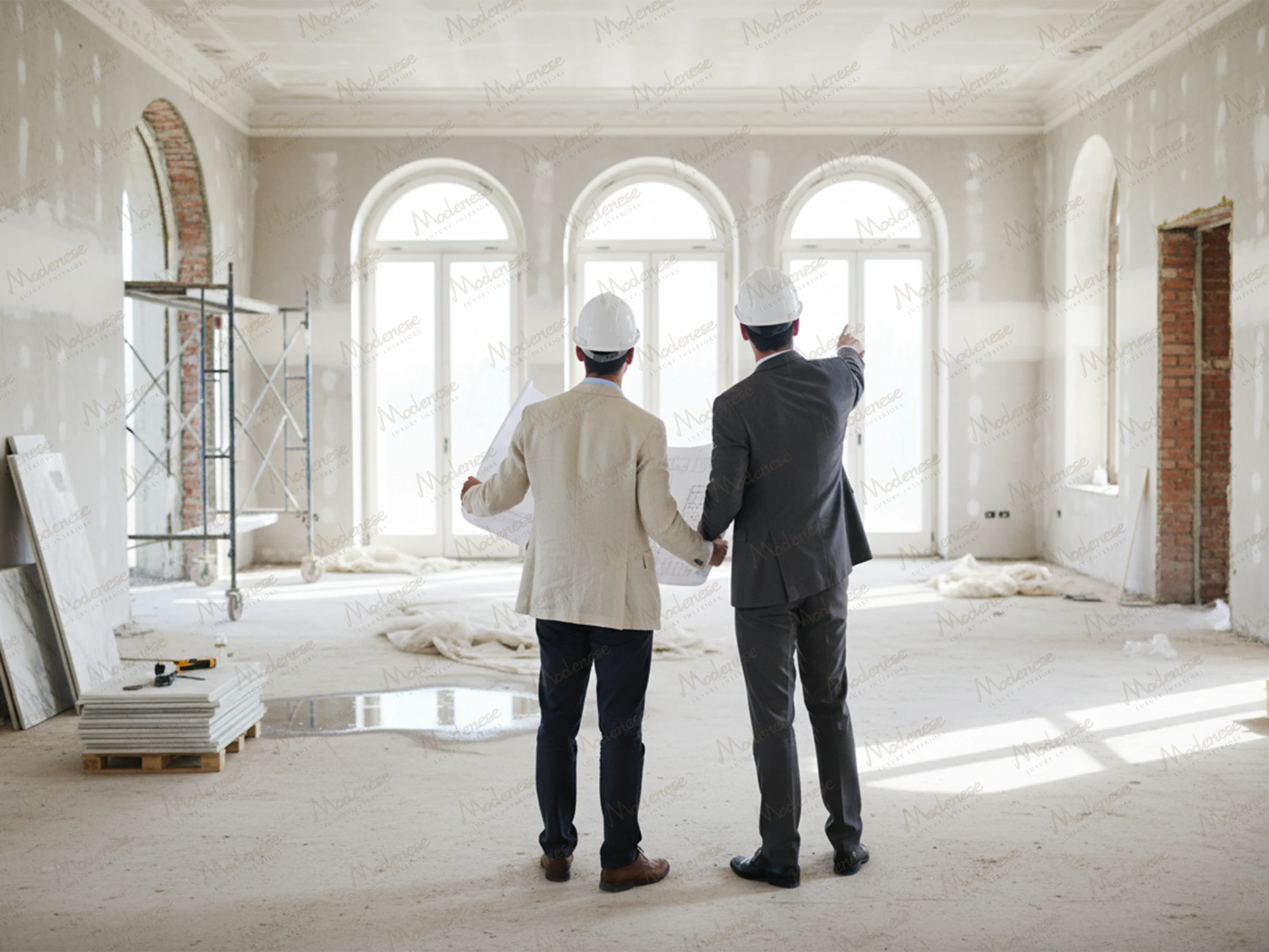 Two project managers in hard hats inspecting an unfinished neoclassical interior in Milan with arched windows and exposed brick