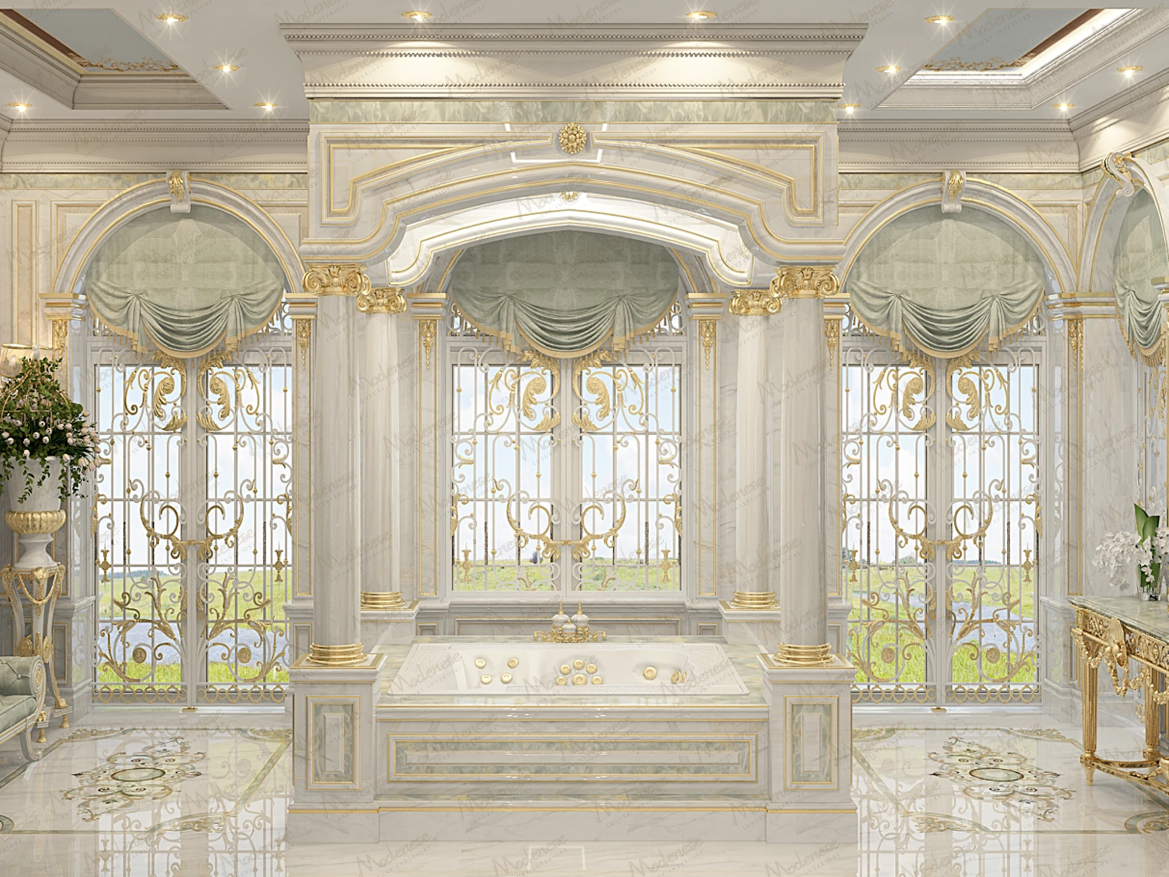 Opulent bathroom in a Beirut villa with a large marble bathtub, gilded arched windows, and soft green drapes enhancing the natural light