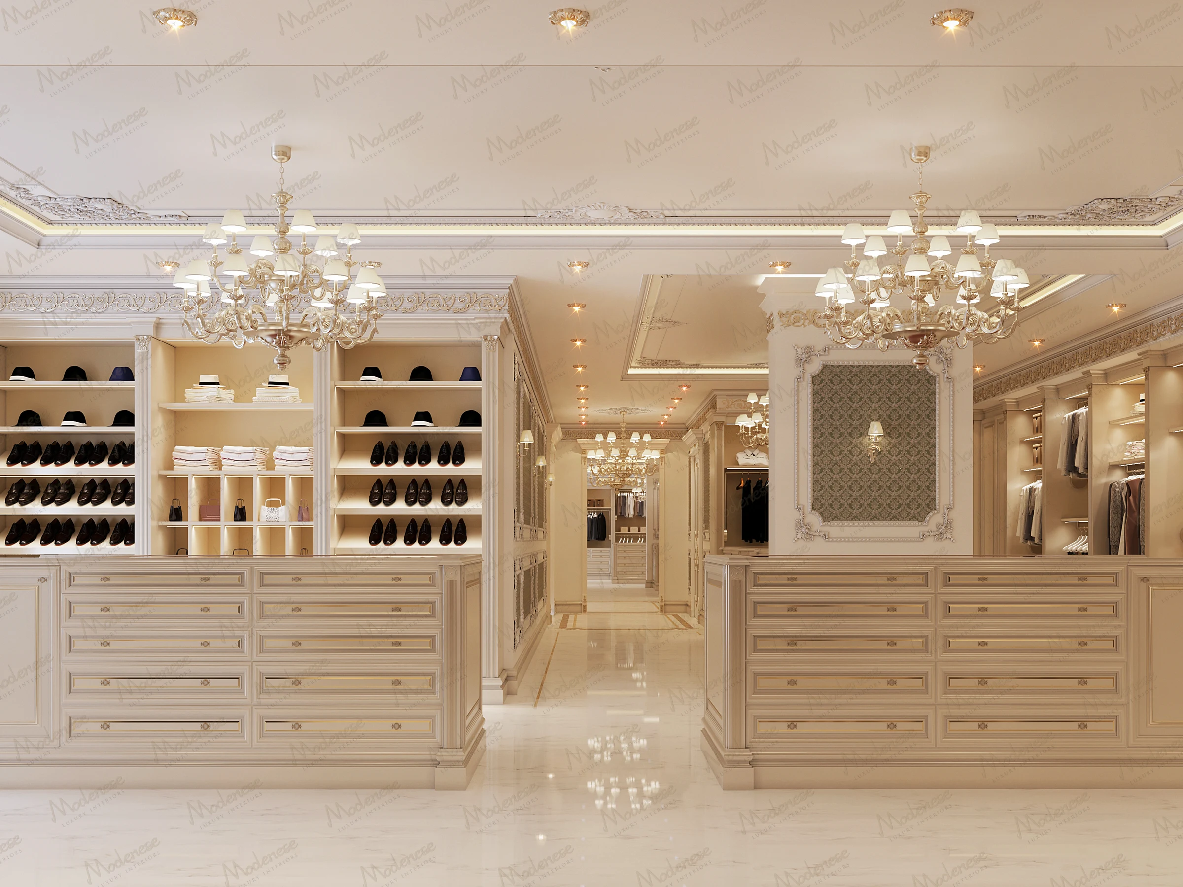 Walk-in closet in a Beirut villa with custom cabinetry, chandeliers, and neatly arranged clothing and shoes in a bright, elegant space