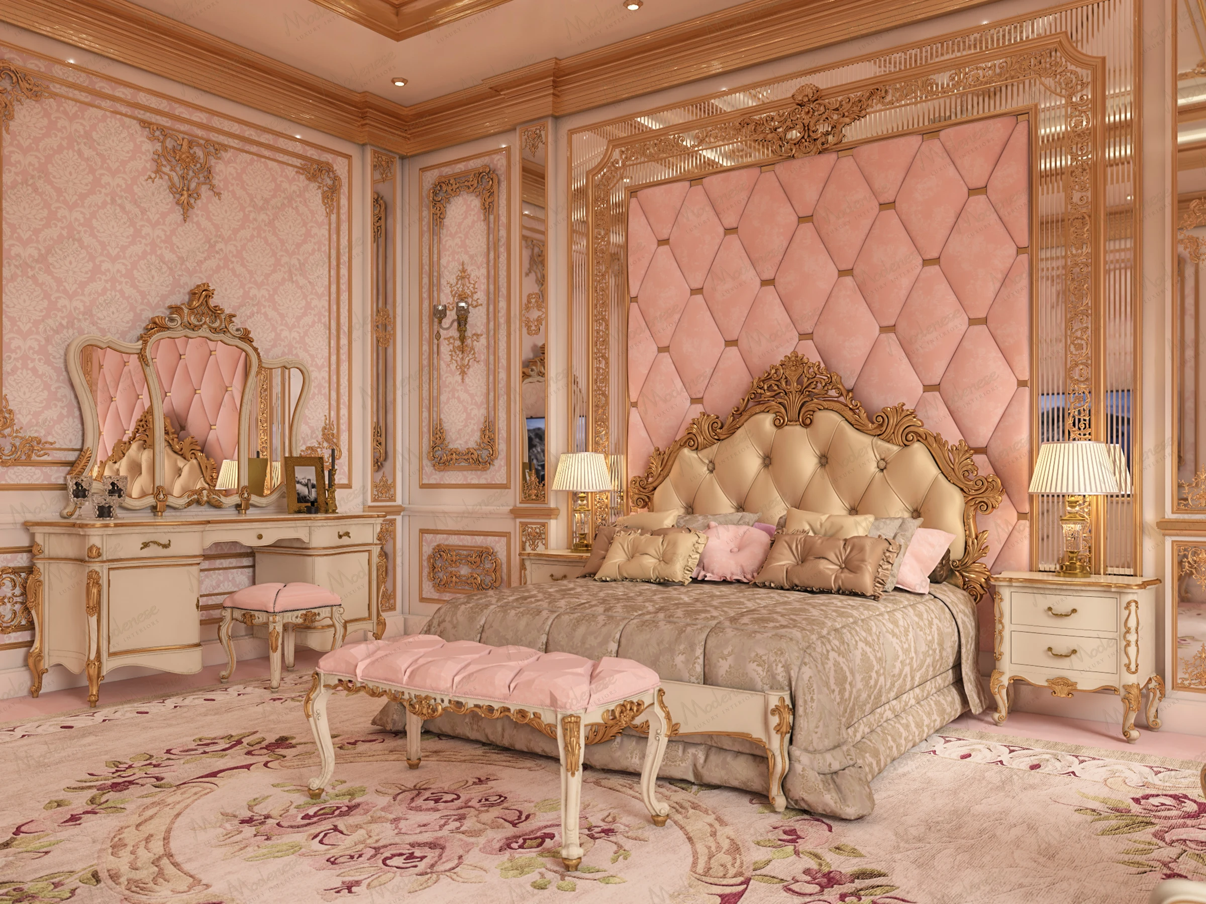 Romantic bedroom in a Beirut villa with a tall tufted pink headboard, ornate gold detailing, and vintage-style vanity and seating on a floral rug