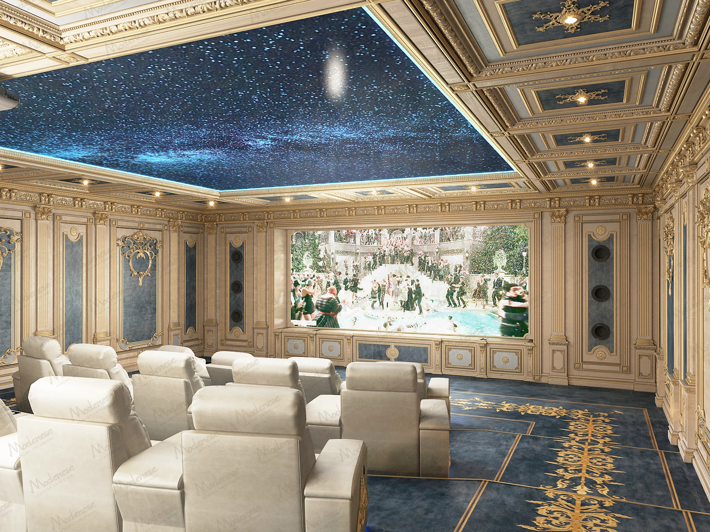 Lavish home cinema in a Beirut villa with plush recliner seating, classical paneling, and a starry ceiling effect above a large projection screen