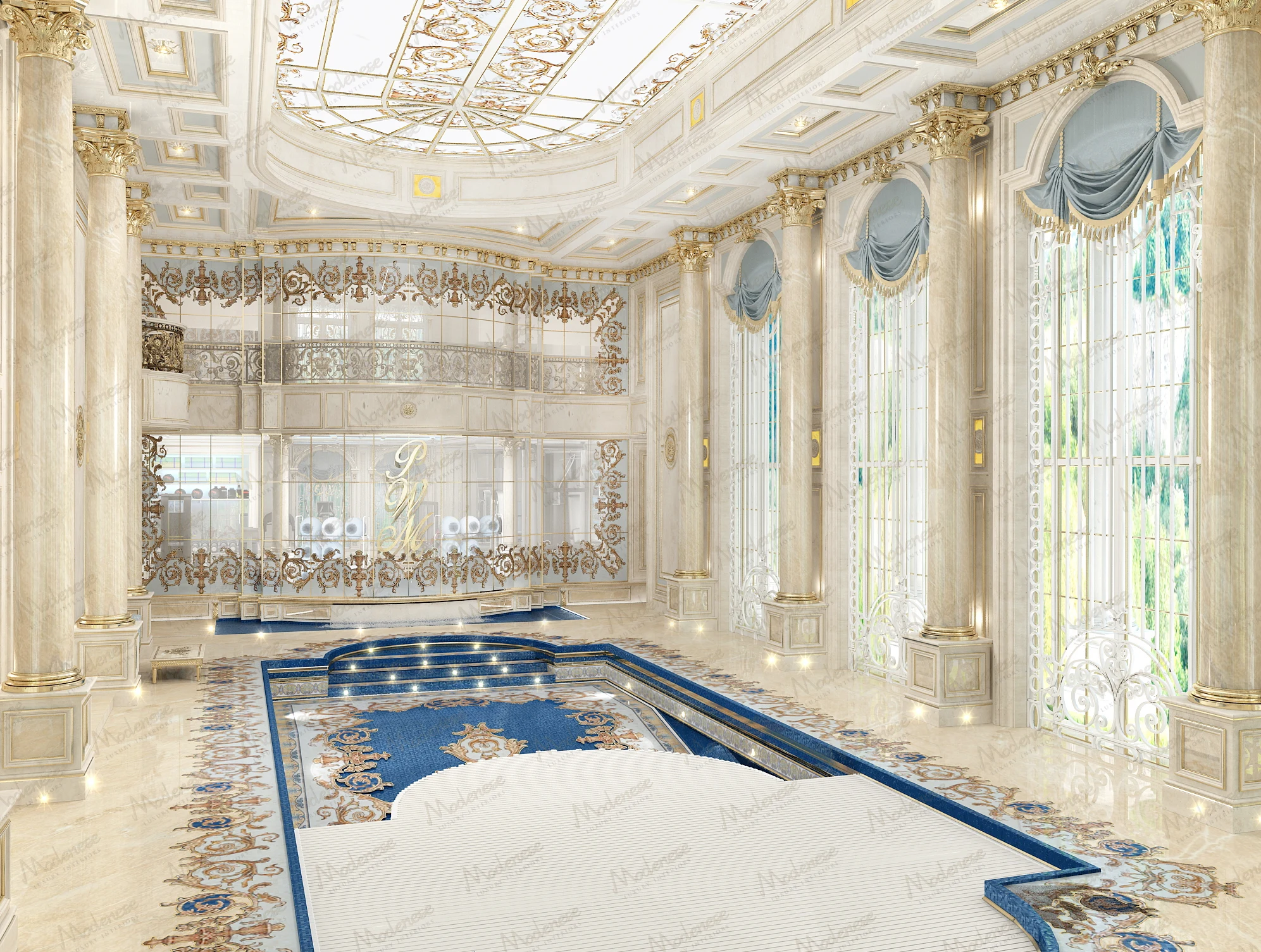 Opulent indoor pool area in a Beirut villa with gold-accented columns, intricate ceiling details, and blue mosaic tilework surrounded by natural light