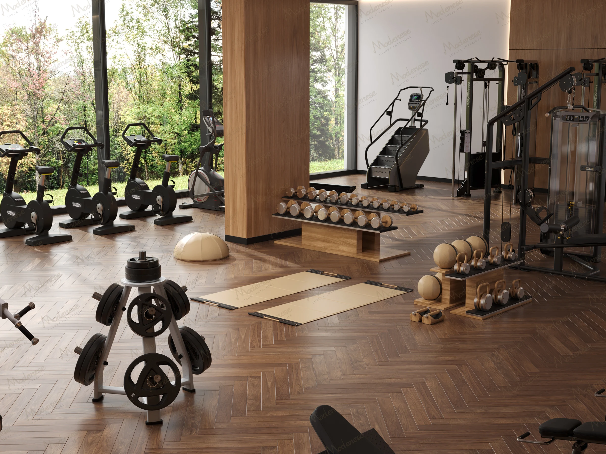 Modern fitness room in a Beirut villa with wood flooring, panoramic garden views, and a variety of cardio and weight-training equipment