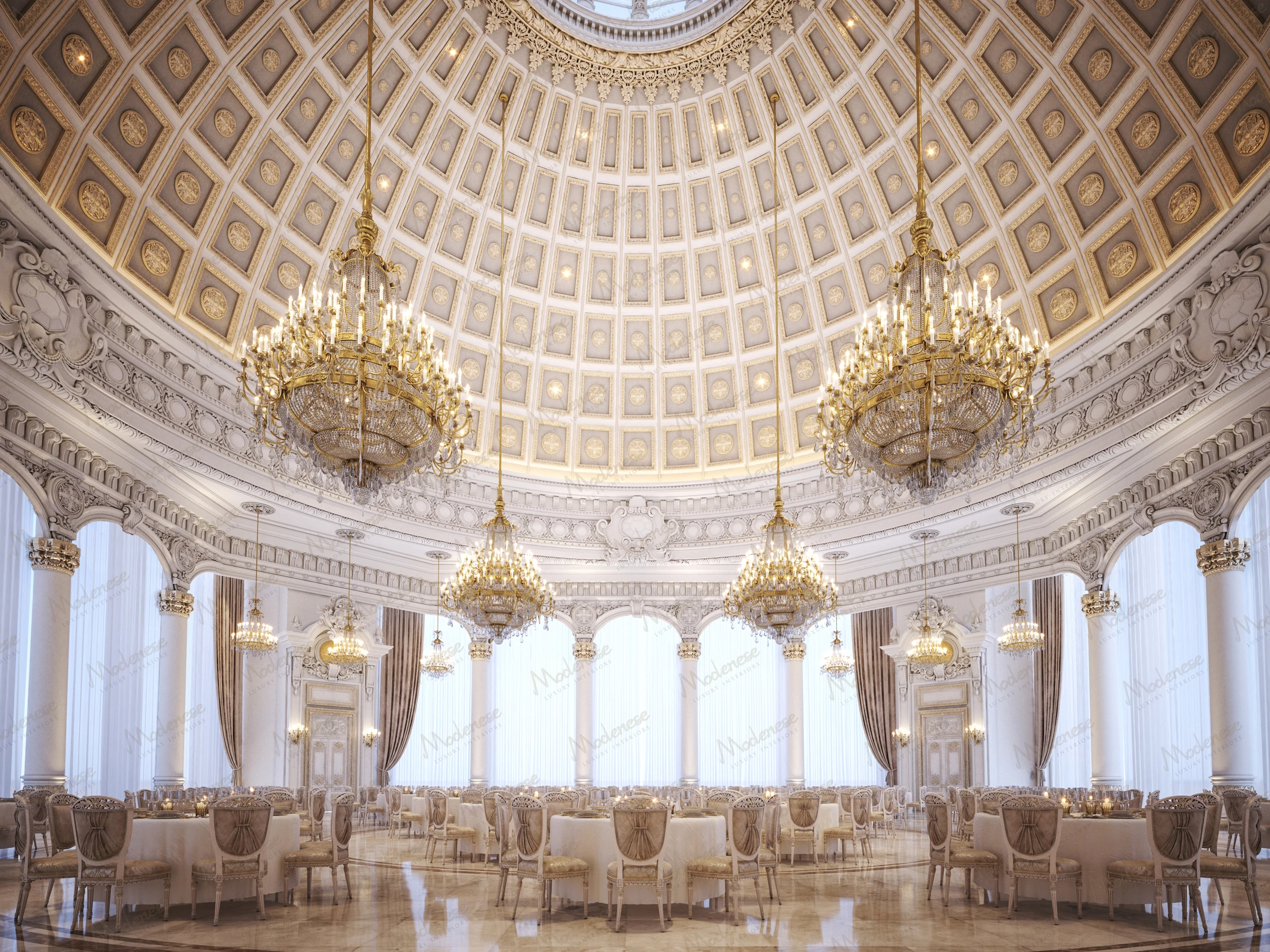 Lavish dome-ceiling dining hall in a Dubai villa adorned with multiple crystal chandeliers, round tables with elegant chairs, and neoclassical architectural detailing