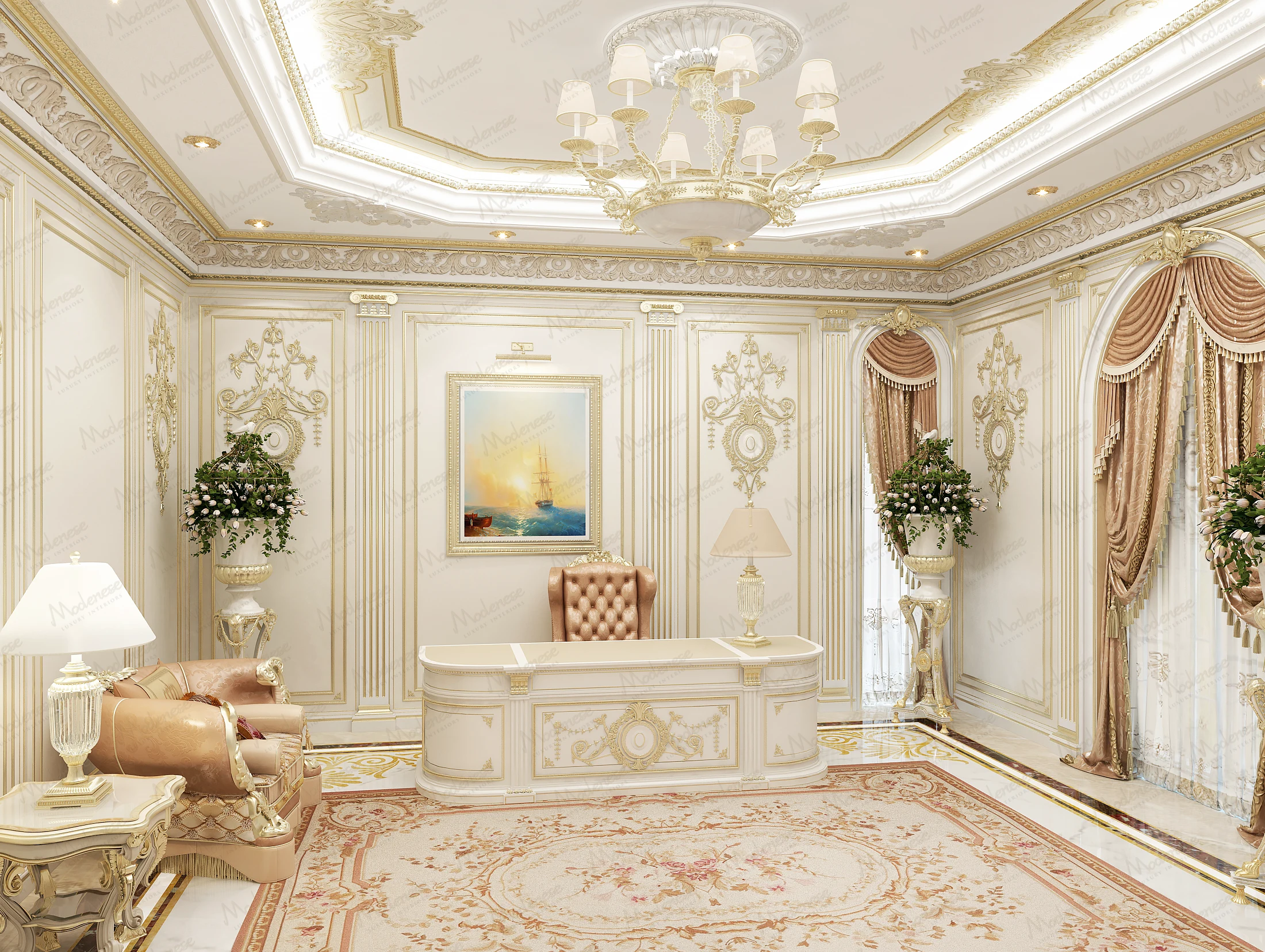 Regal home office in a Beirut villa with a tufted leather chair, carved desk, floral rug, and classical moldings with gold embellishments