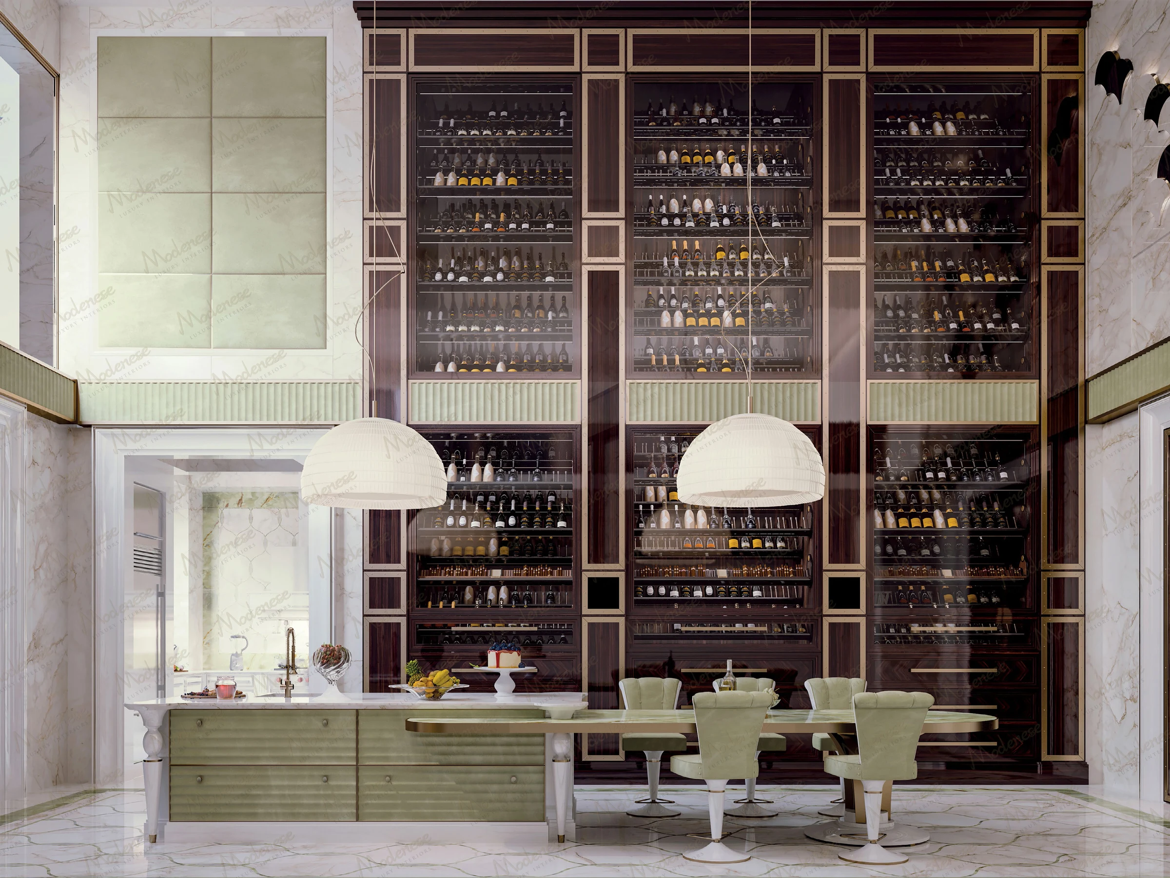 Chic wine-tasting room in a Beirut villa featuring tall glass-front wine storage, green upholstered chairs, and a central island under pendant lighting