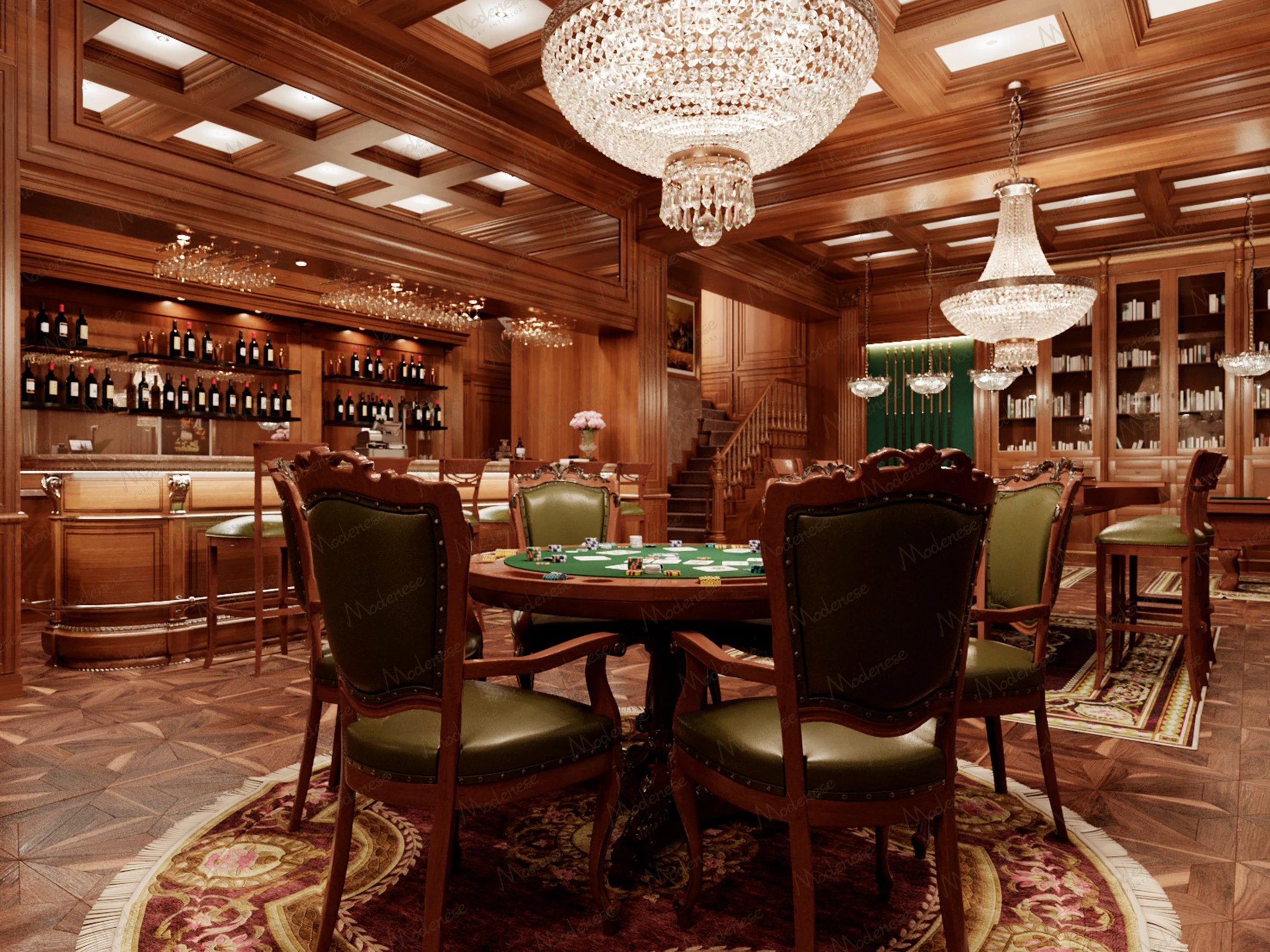 Classic game room in a Beirut villa with wood-paneled walls, green poker table, crystal chandeliers, and a wine-stocked bar area