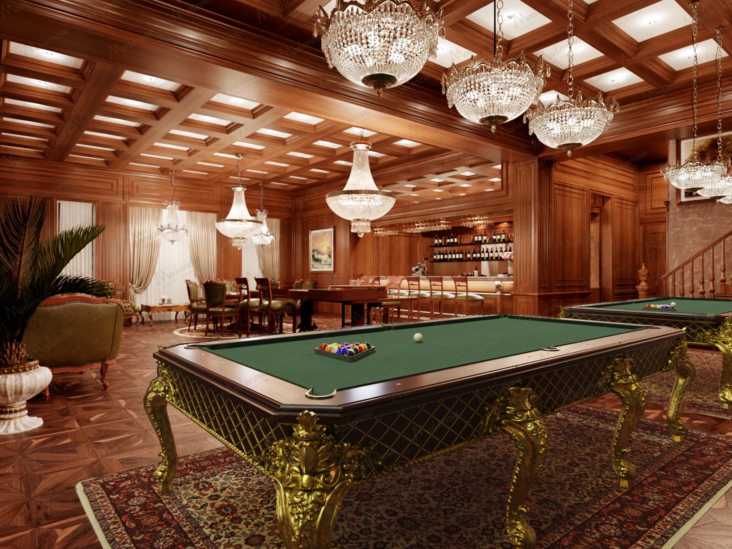 Elegant billiard lounge in a Beirut villa featuring gold-accented pool tables, coffered ceilings, crystal lighting, and a bar with high stools