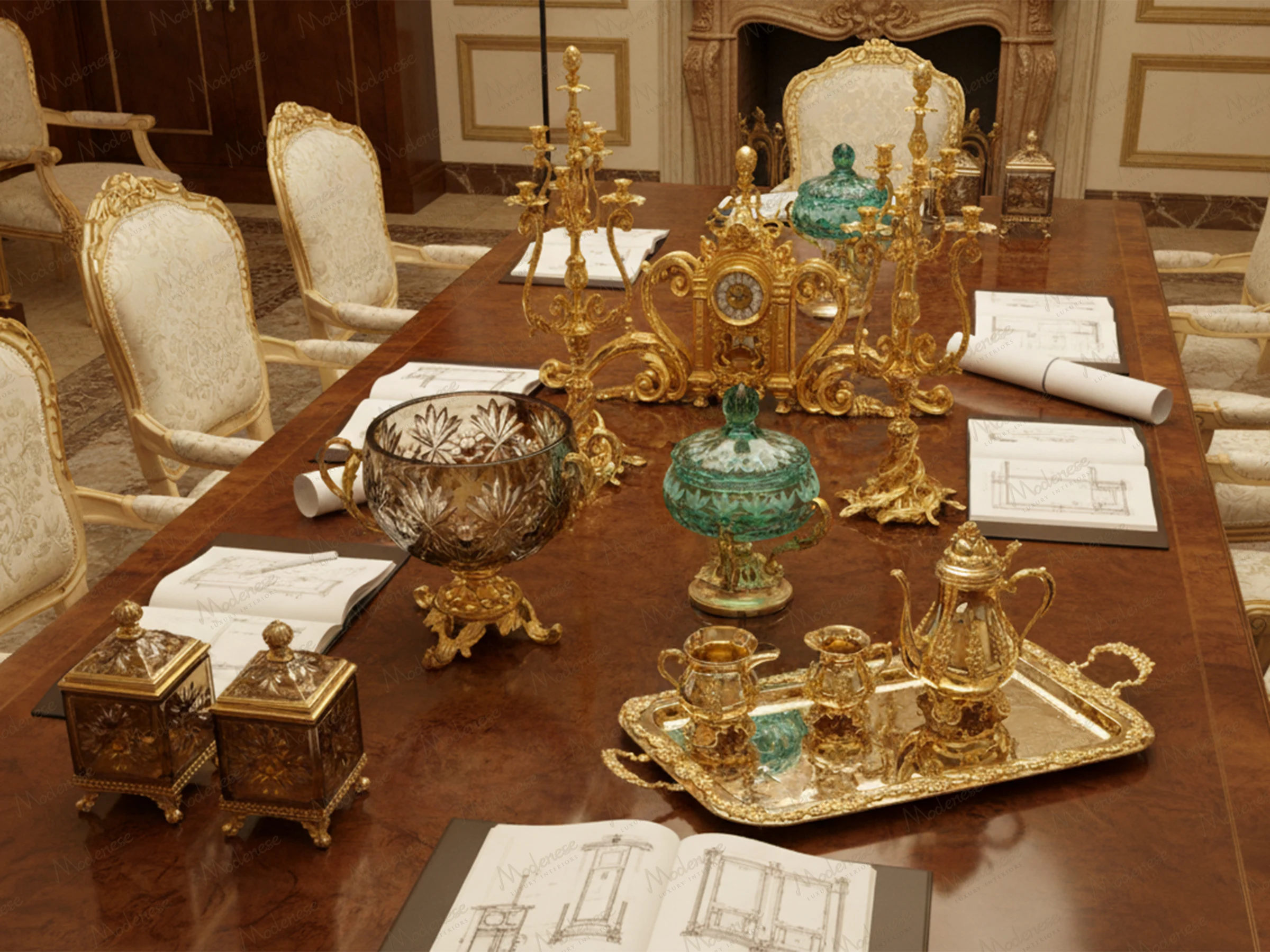 Ornate design meeting setup in a Beirut villa with gilded tableware, antique-style sketches, and carved chairs surrounding a polished wood table