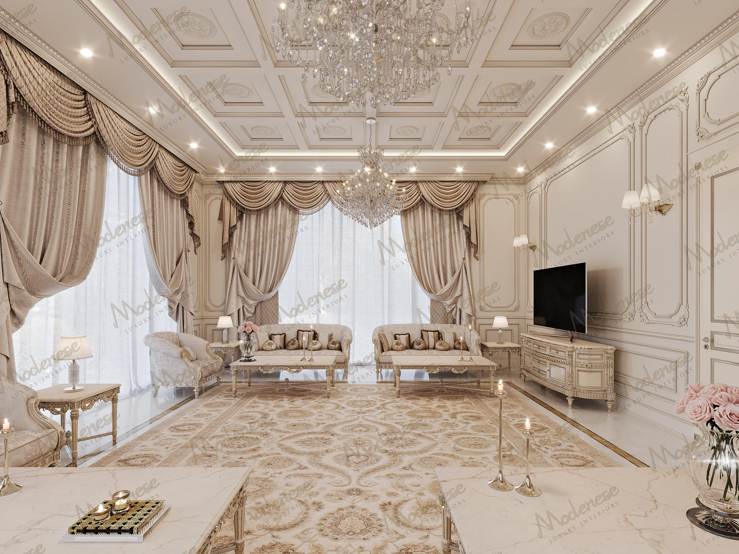 Classical living room with custom-made drapery, elegant upholstered furniture, decorative ceiling panels, and crystal chandeliers in a luxury residential interior