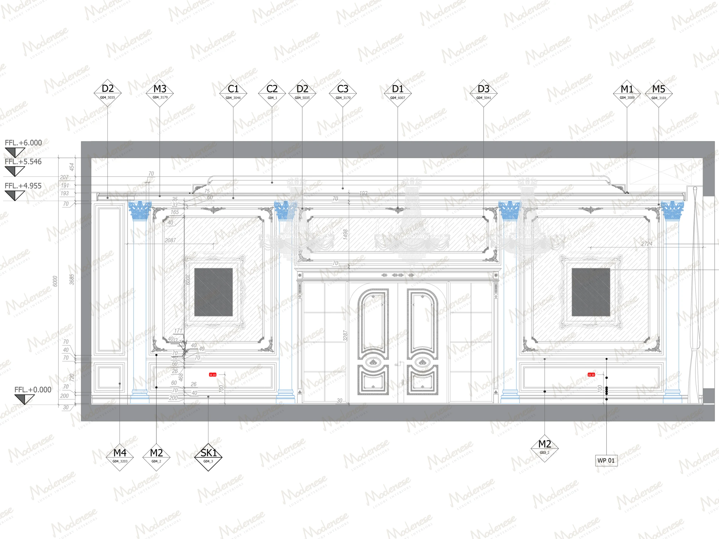 Detailed interior elevation drawing for a Milan classical room featuring decorative wall panels, moldings, and column placements