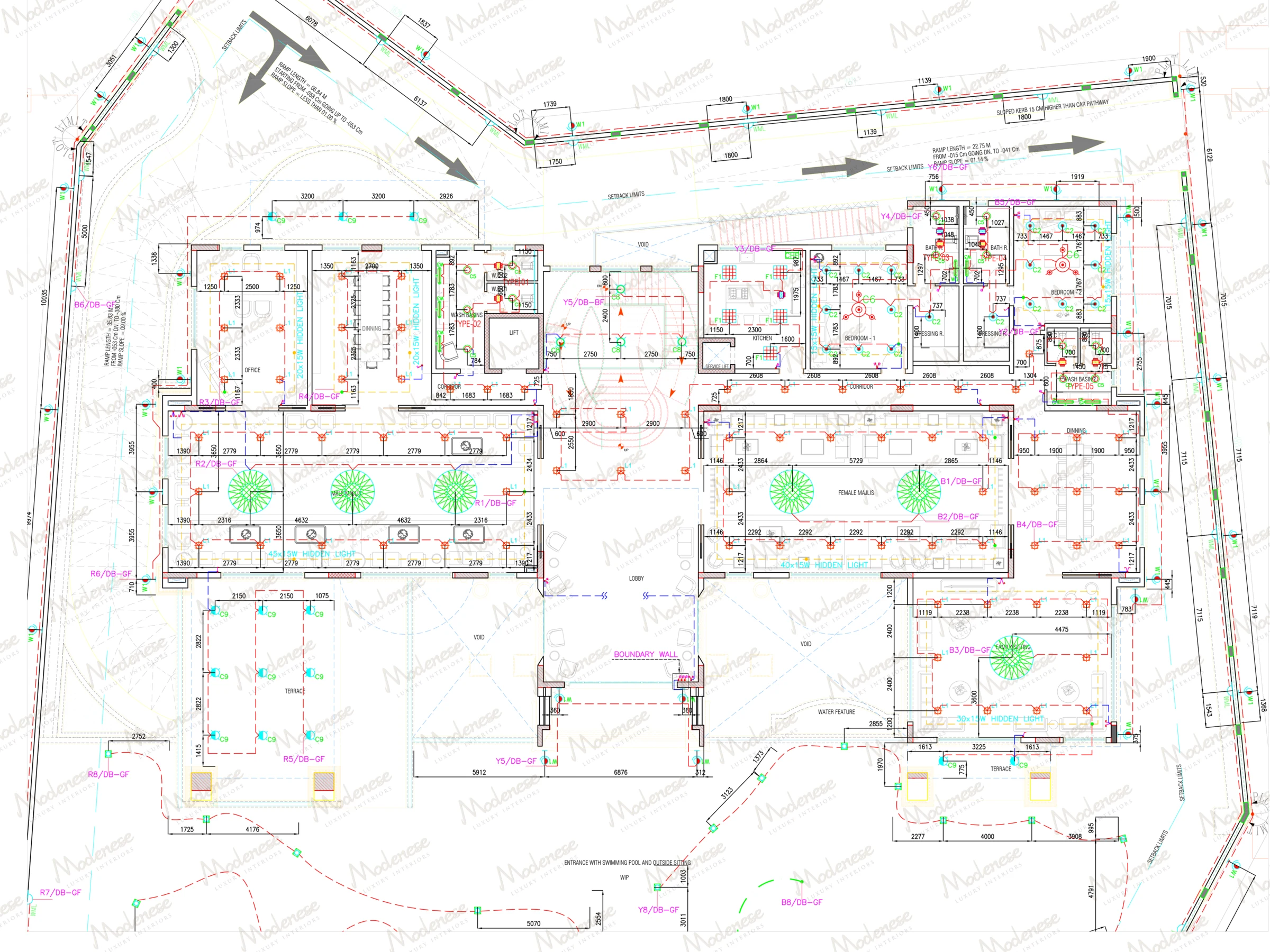 Full architectural site plan of a Milan complex showing building layouts, green zones, utilities, and circulation paths