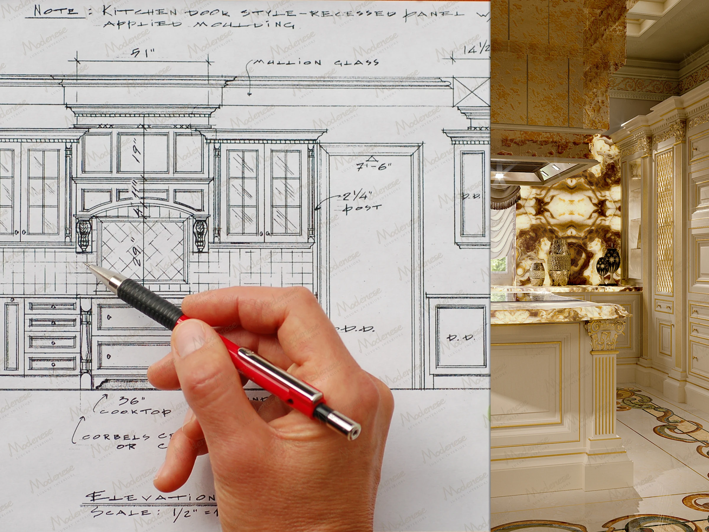 Hand pointing to a detailed kitchen elevation drawing alongside a completed opulent Milan kitchen with marble finishes and carved cabinetry