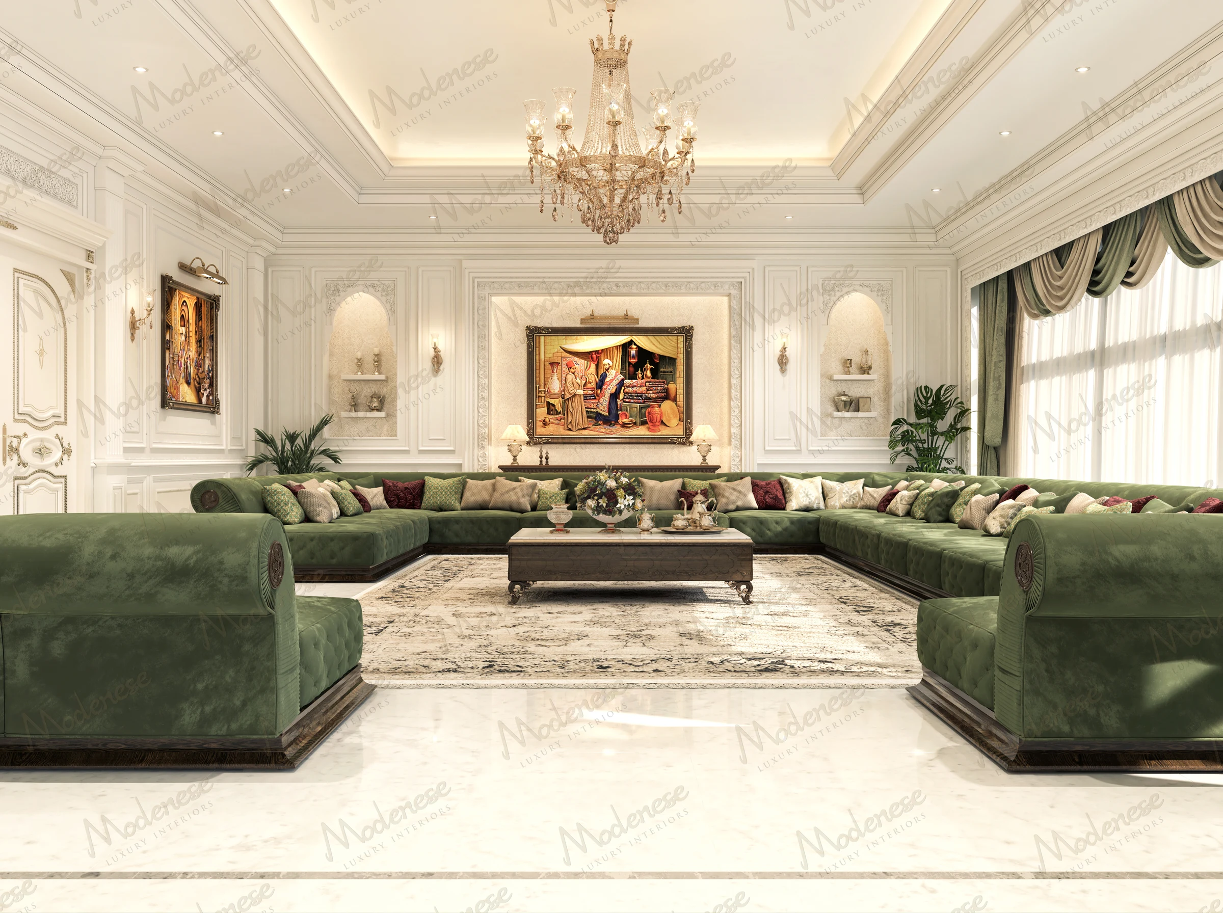 Spacious living room in a Middle Eastern villa with green velvet sectional sofas, classical wall paneling, and a traditional chandelier