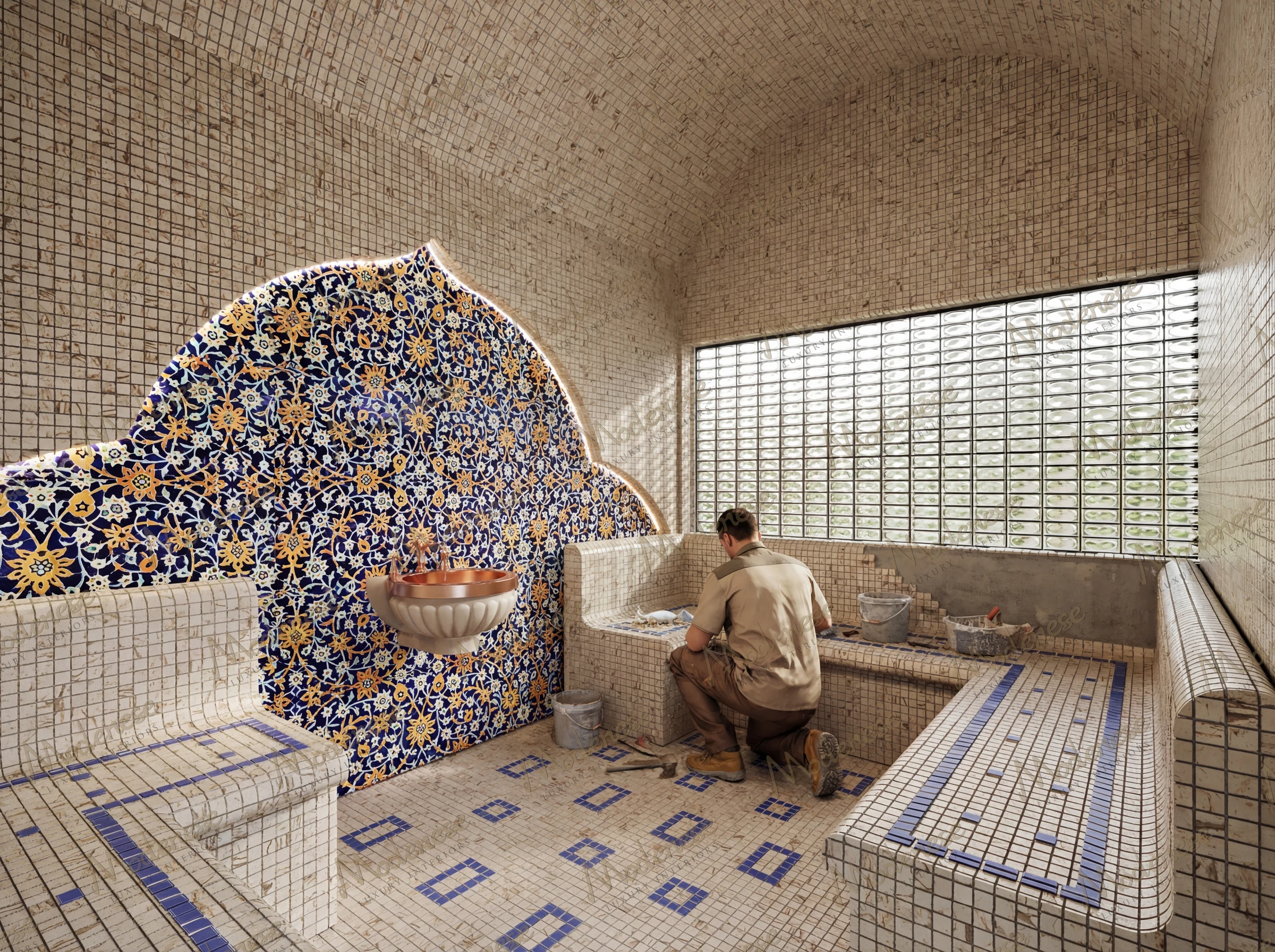 Artisan working on mosaic tilework inside a traditional Middle Eastern hammam with a colorful floral wall pattern and domed ceiling